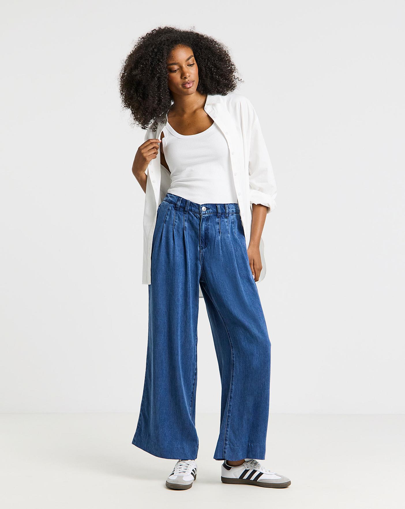 SBE Mid Blue Pleat Detail Wide Leg Jeans | Oxendales