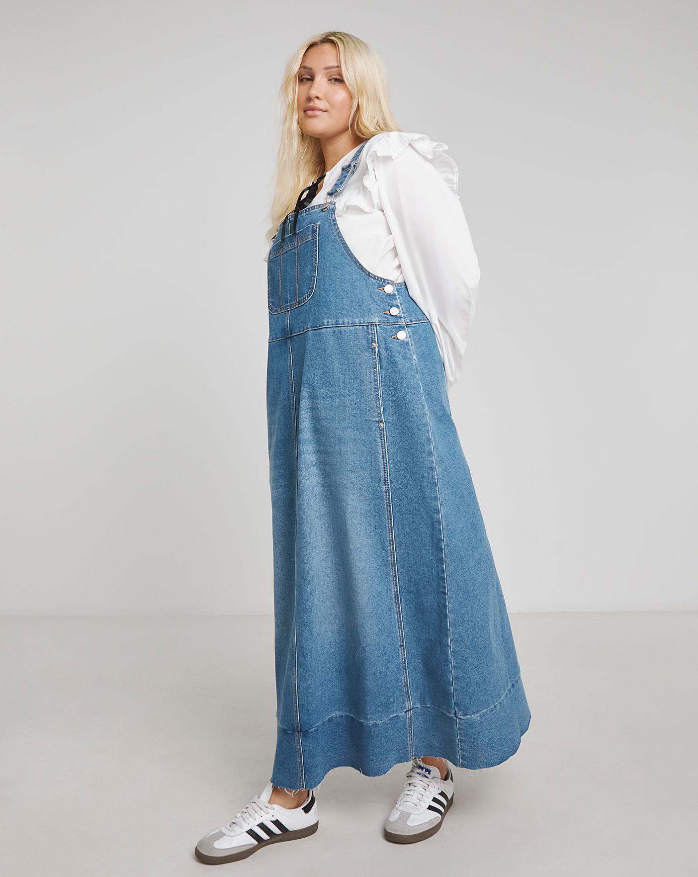 Simply Be Mid Blue Denim Dungaree Dress Oxendales