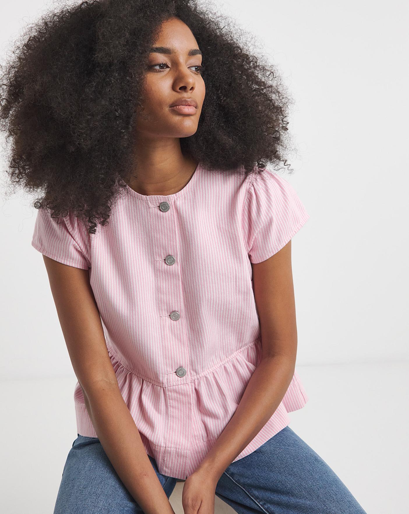 Pink Stripe Denim Button Up Peplum Top Oxendales