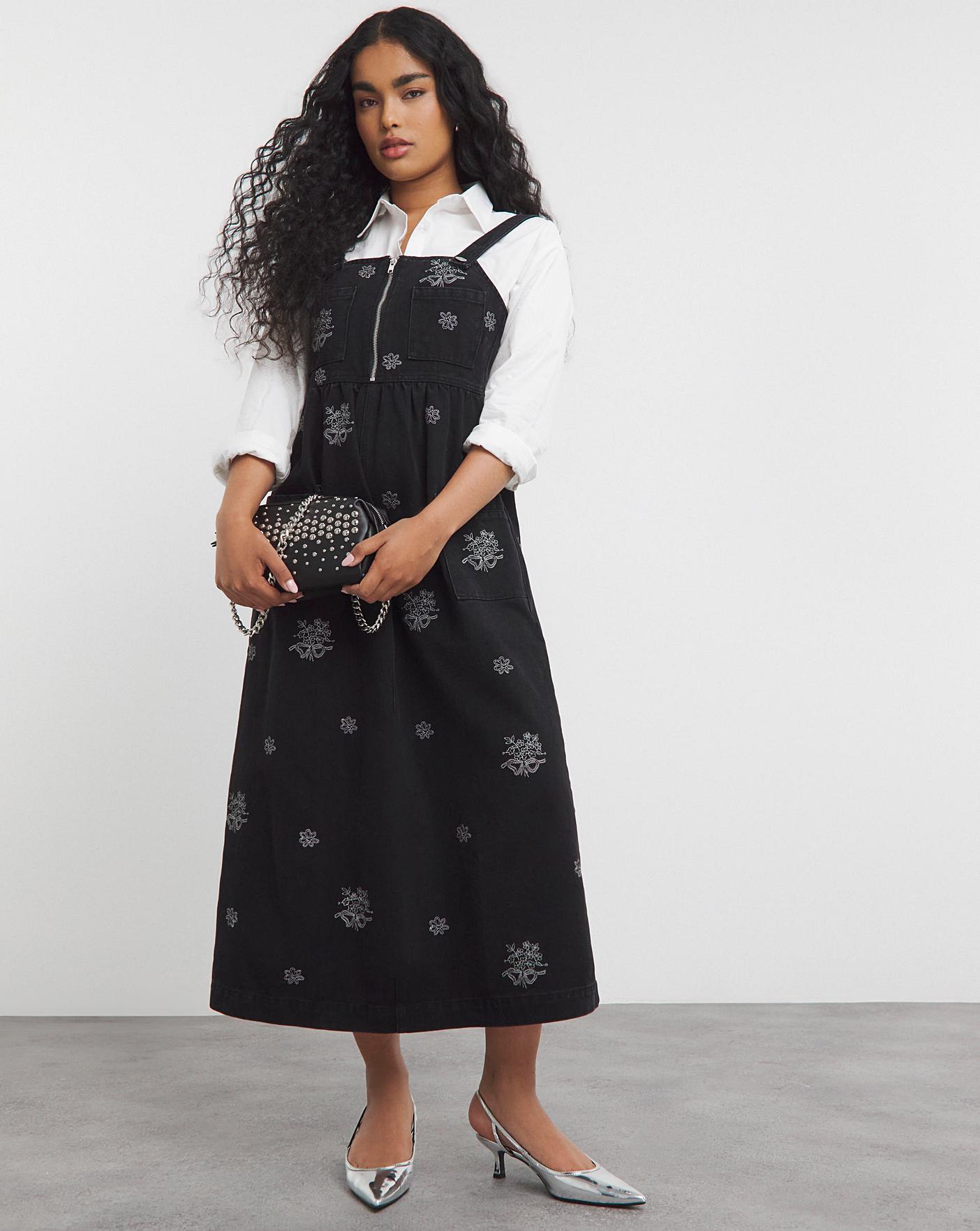 Embroidered Midaxi Denim Pinafore Dress Simply Be