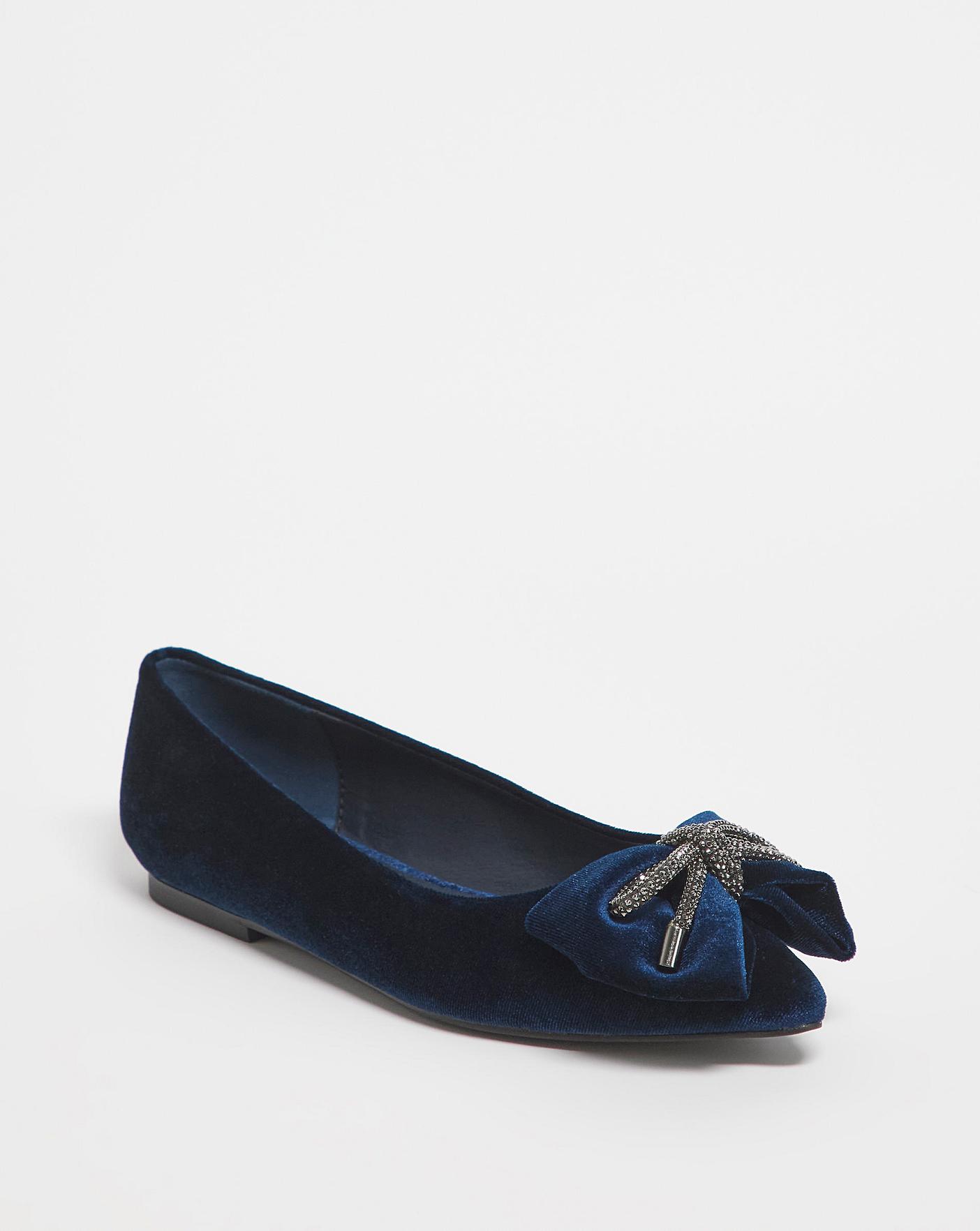 Velvet Bow Trim Flat Shoes Wide | J D Williams
