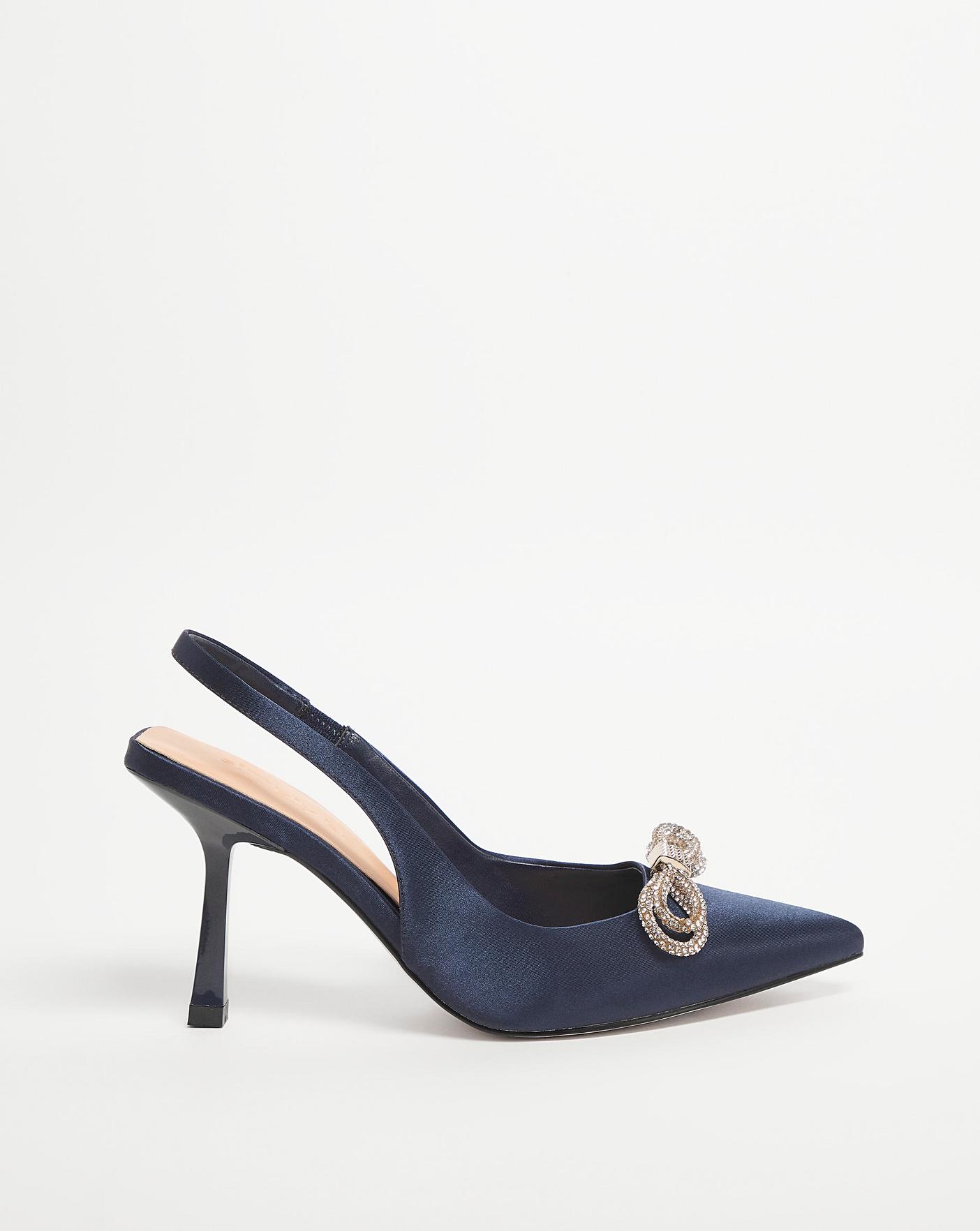 Navy satin shoes store with diamante