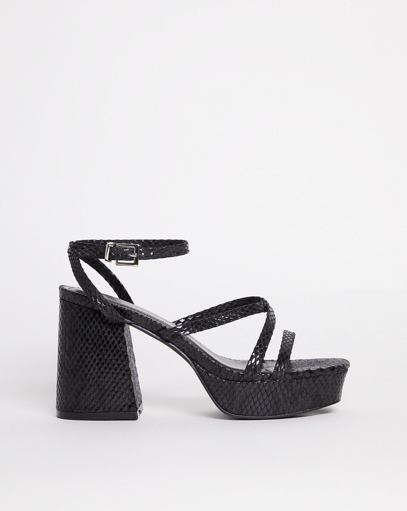 ASOS DESIGN Nanon strappy platform heeled sandals in black | ASOS