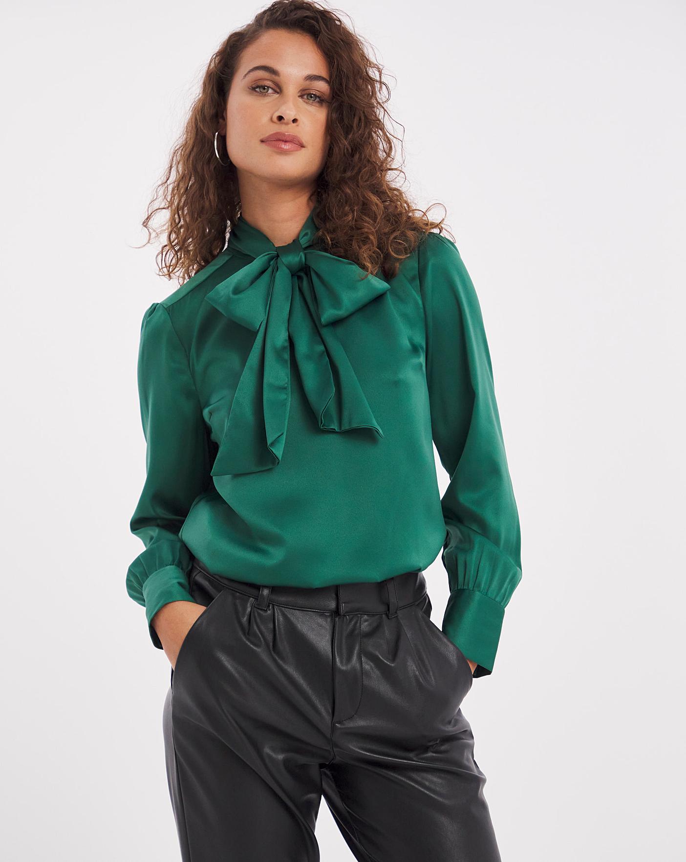 Green Removable Tie Satin Blouse