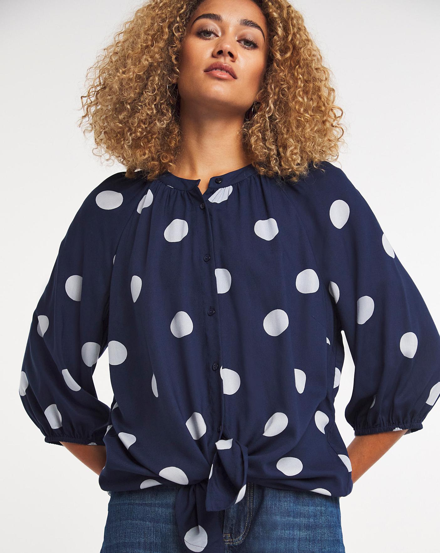 Navy Spot Viscose Collarless Blouse | Oxendales