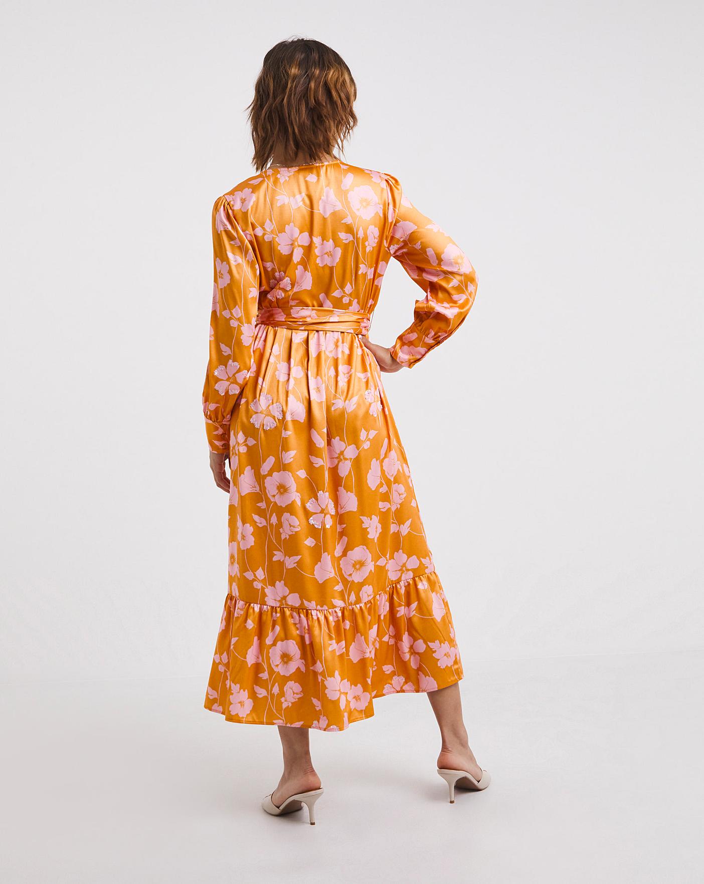 Orange Floral Satin Midi Dress