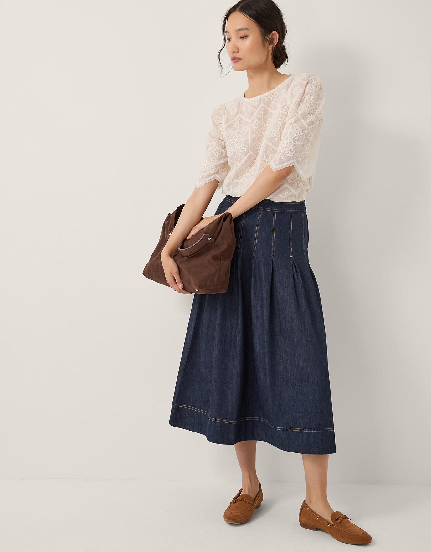 Monsoon Darcie Pleated Denim Midi Skirt | Oxendales