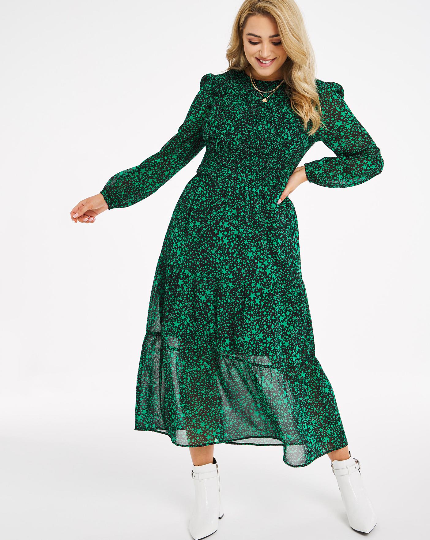 green shirred midi dress