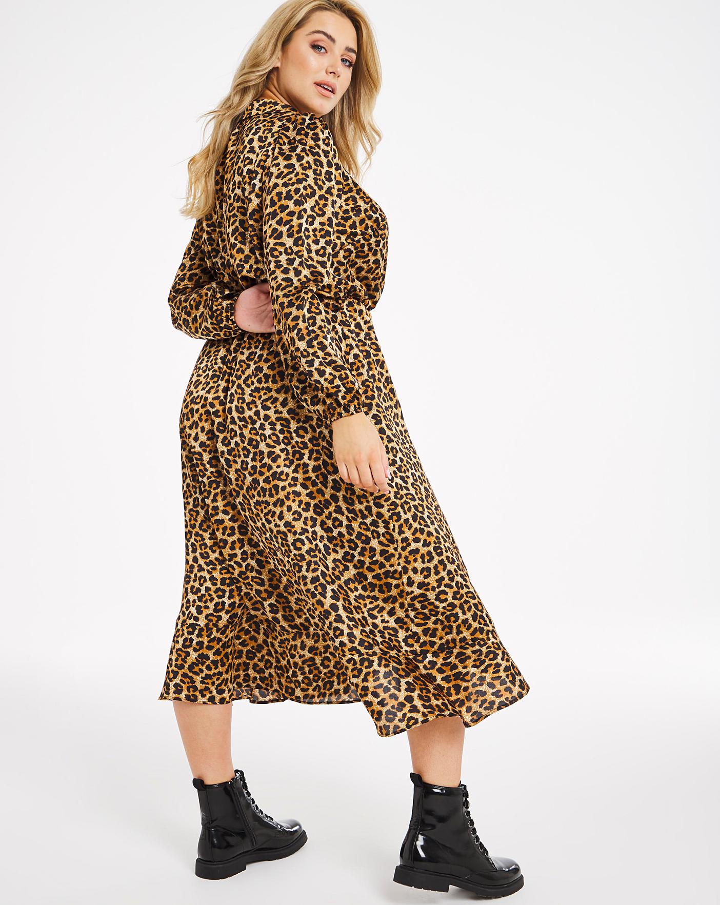 Leopard Print Satin Wrap Midi Dress 