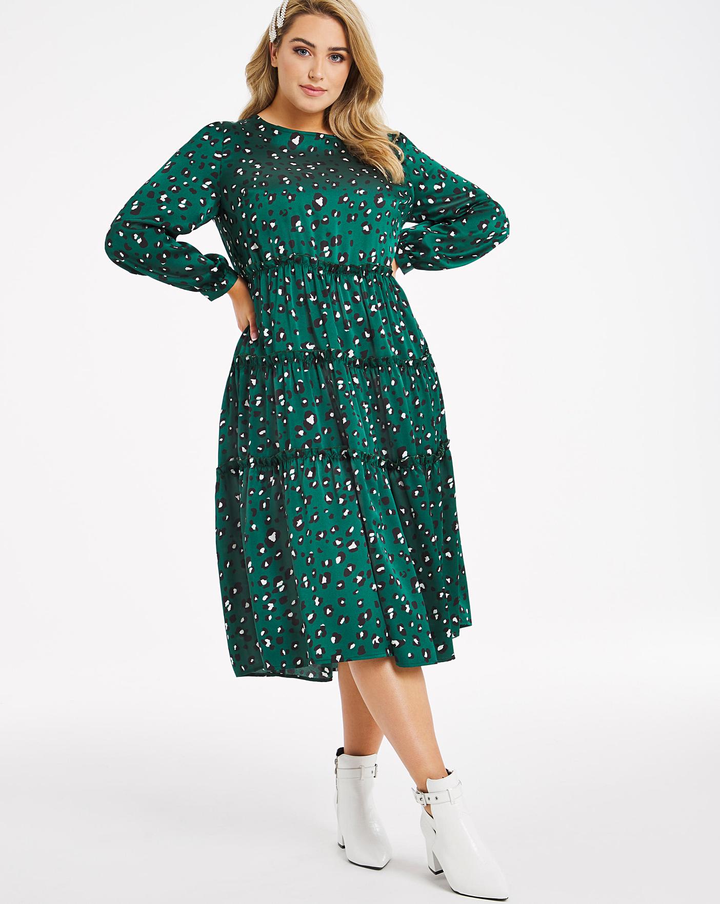 Leopard Print Tiered Satin Midi Dress 