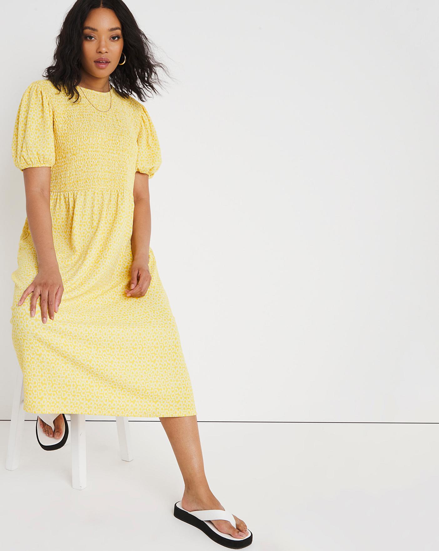 Yellow Floral Shirred Waffle Midi Dress 