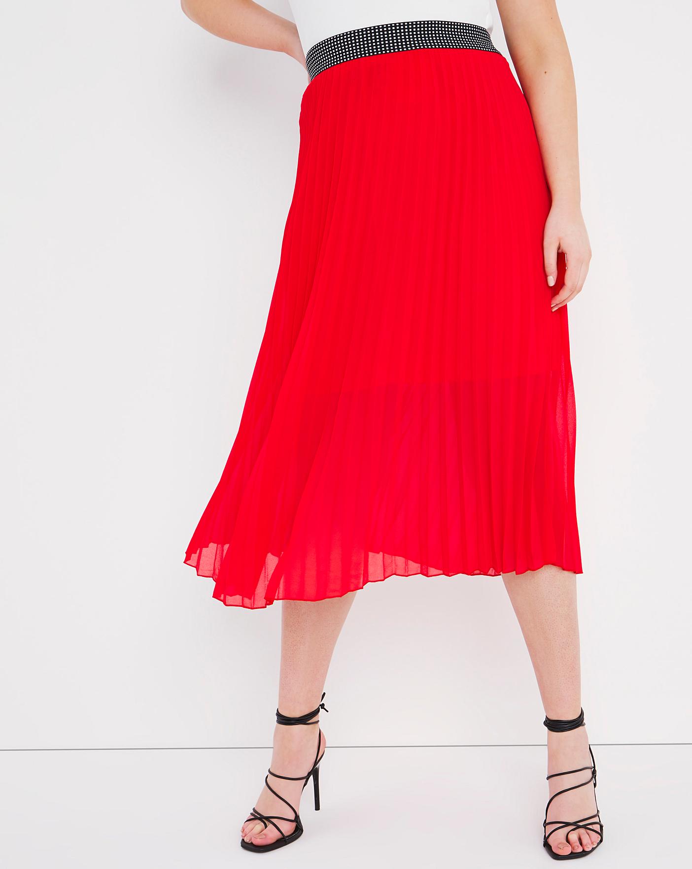 Red Pleated Midi Skirt with Waistband | Simply Be