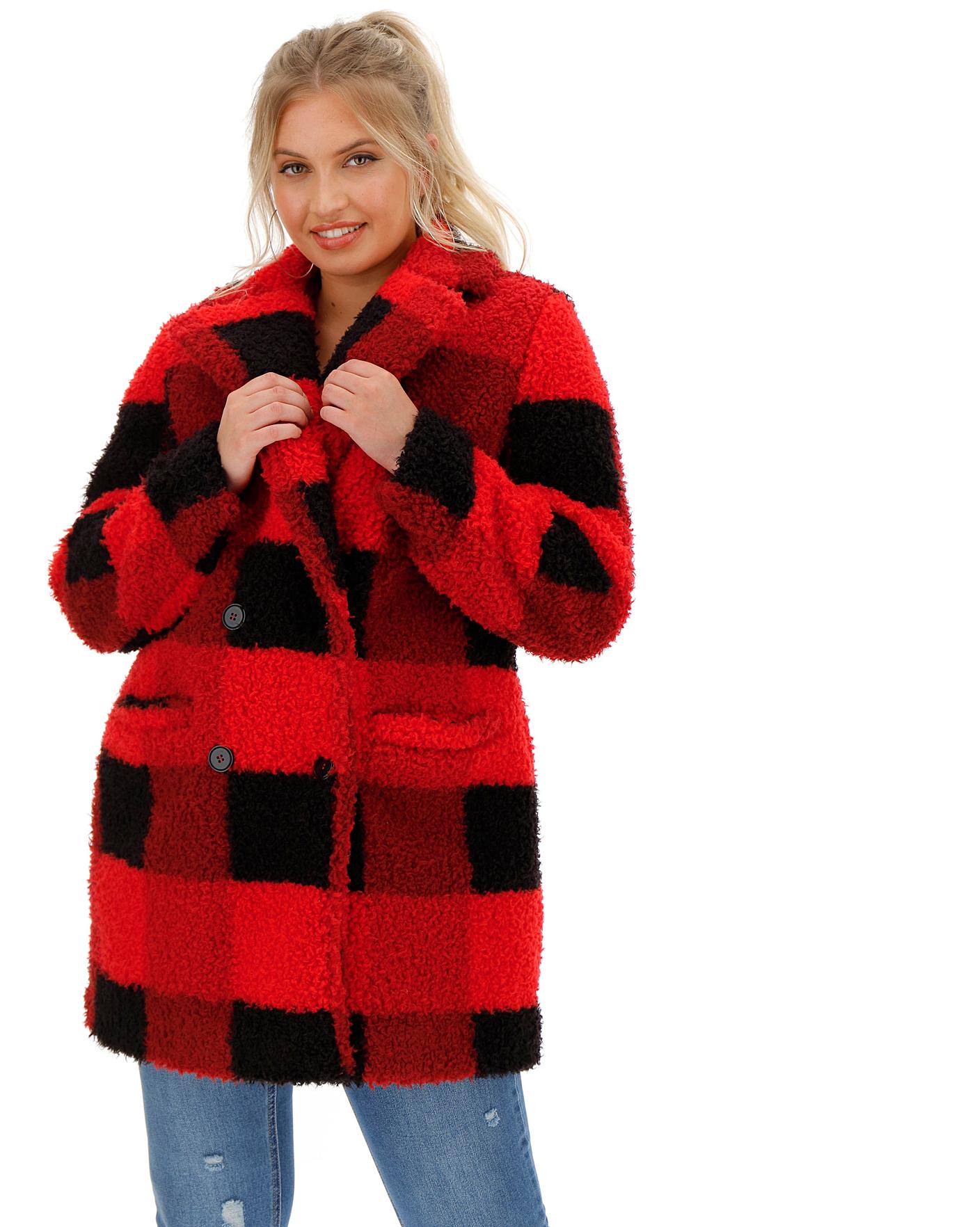 Red & Black Check Print Teddy Coat | Crazy Clearance