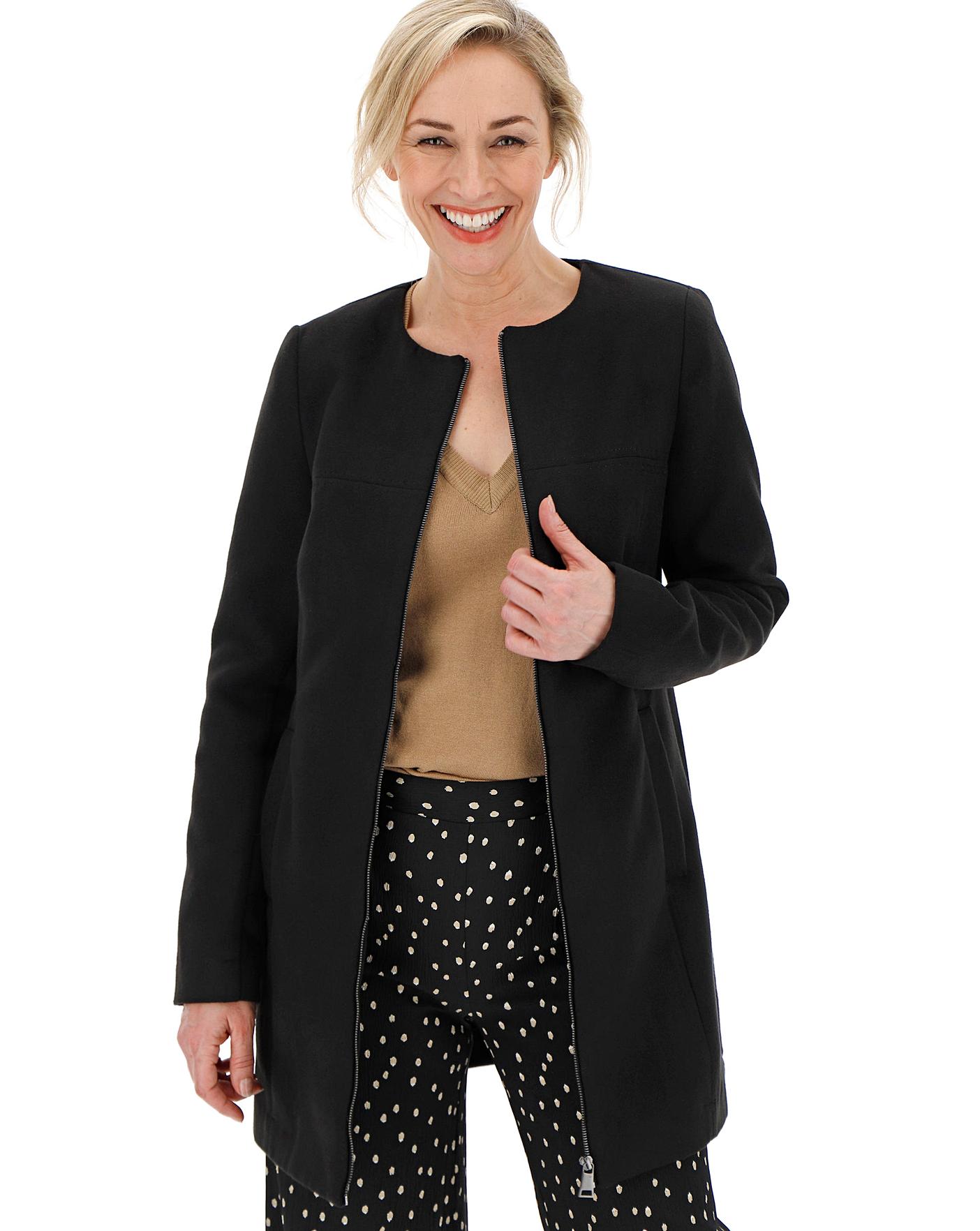 black collarless coat womens