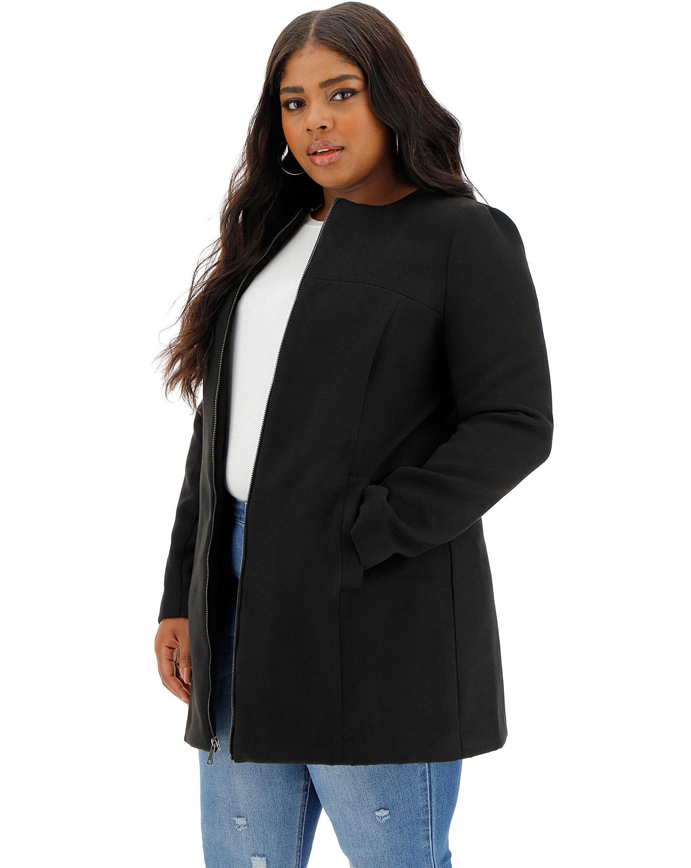 Black Collarless Zip Front Coat | Simply Be