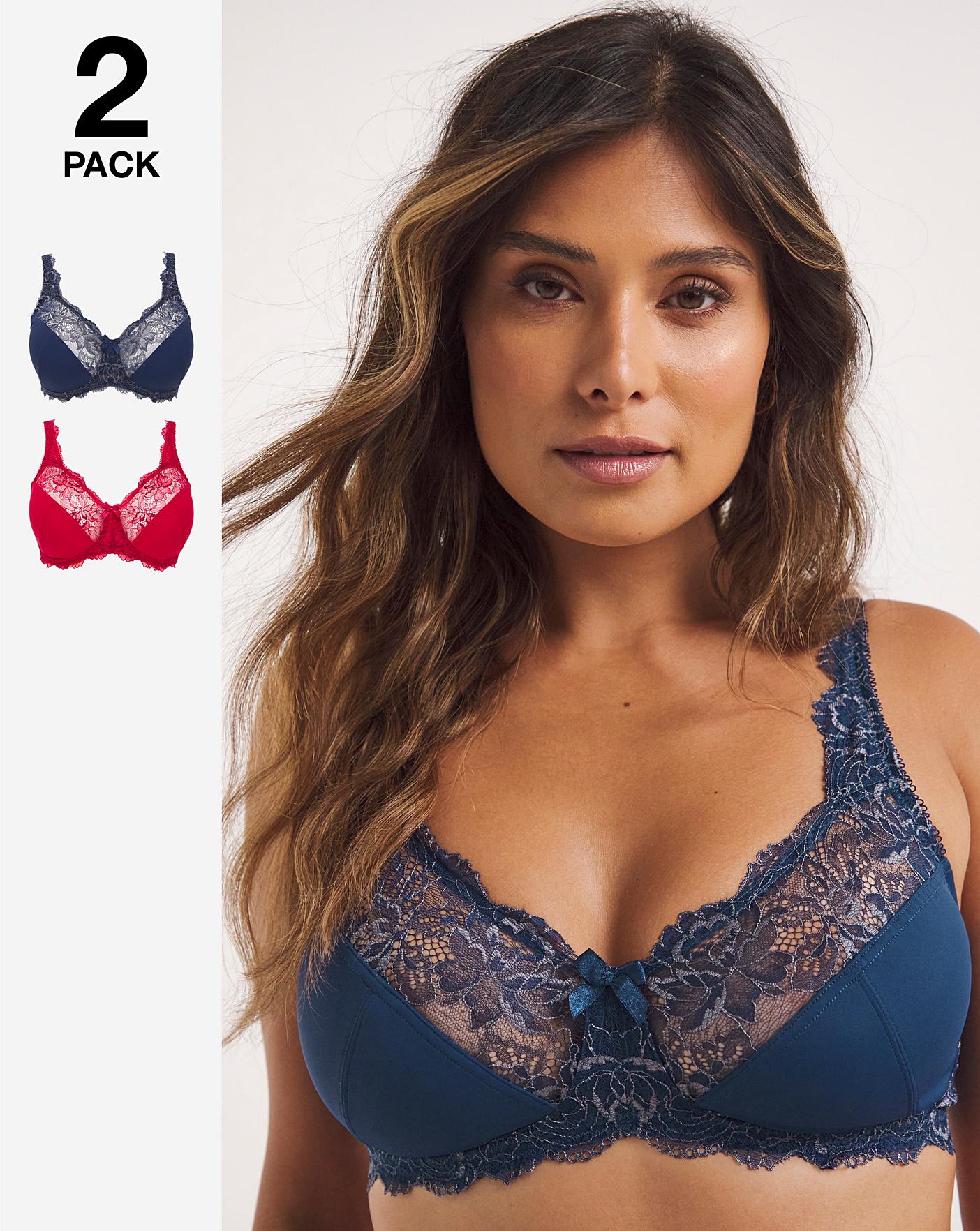 Front Fastening Lace Non Wire Support Bras 2 Pack, Lingerie