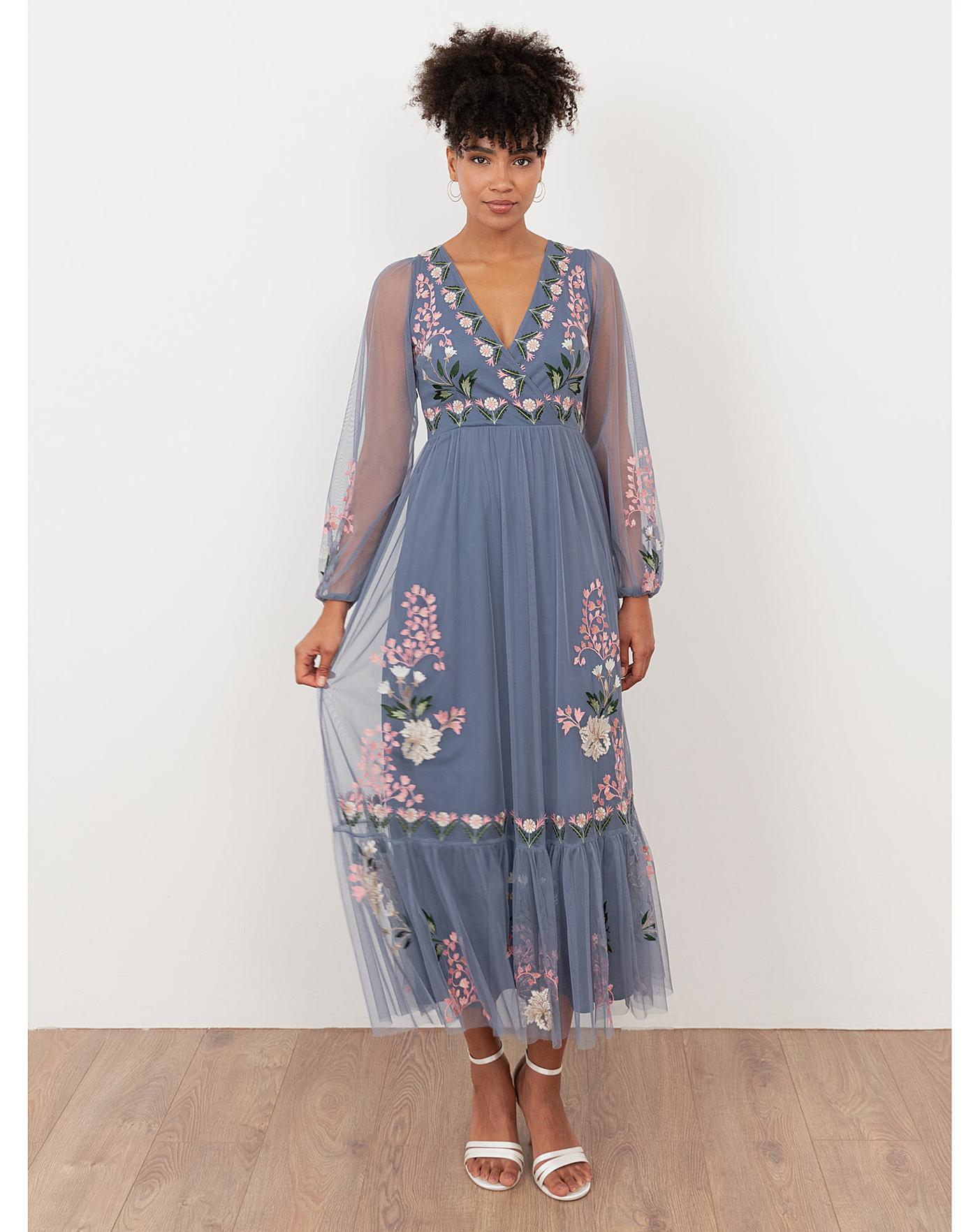 long black dress with embroidered flowers Diana Embroidered Black Floral Dress
