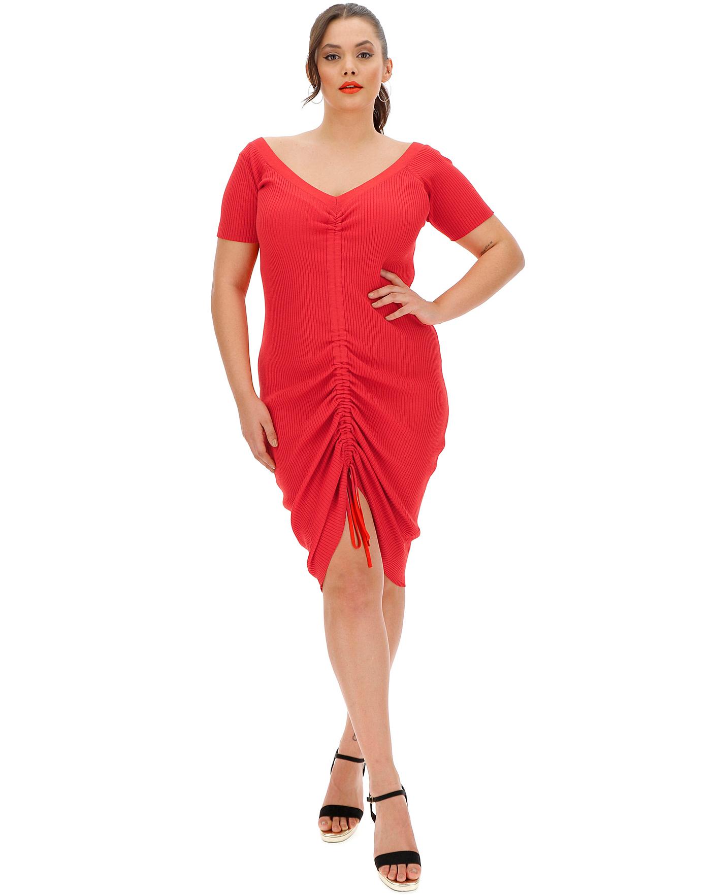 red ruched dress