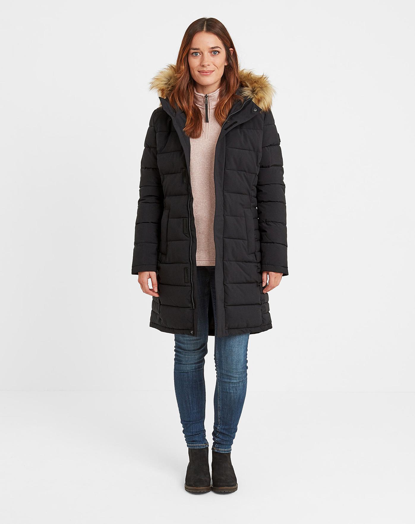 TOG 24 Firbeck Womens Ultra Warm Wind Resistant Long Padded Winter Coat with Pockets and Faux Fur Trim Hood