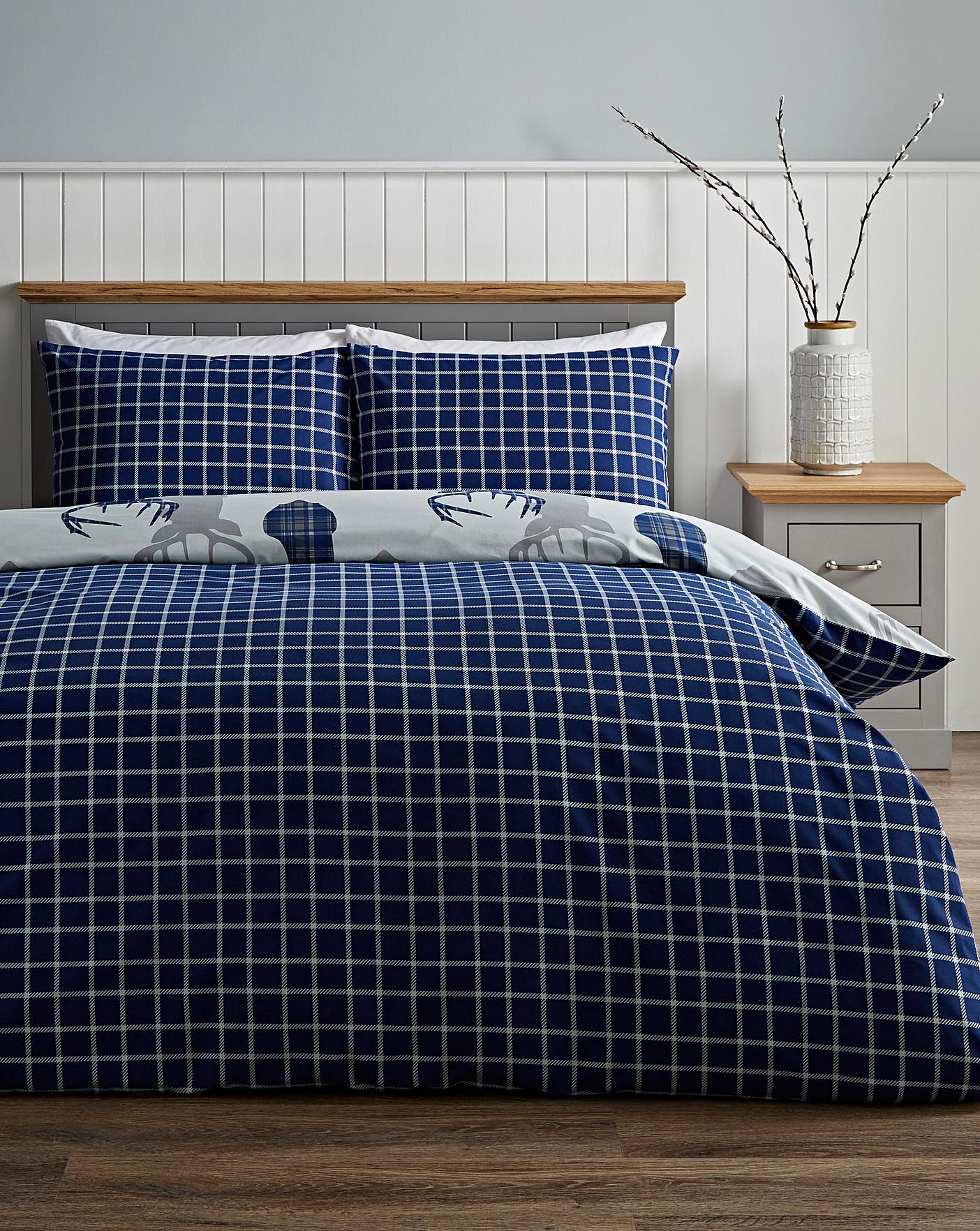 Hirsch Stags Navy Check Reversible, Navy Check Duvet Cover