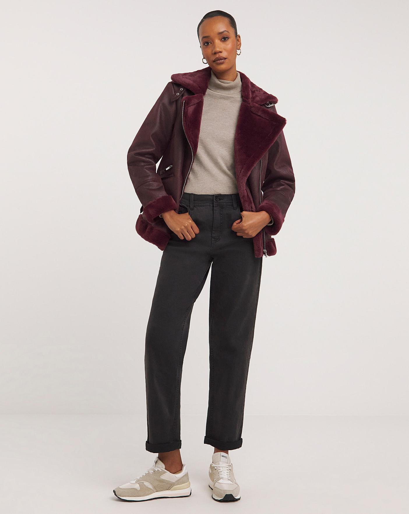 Wine Faux Fur Lined Aviator Jacket | J D Williams