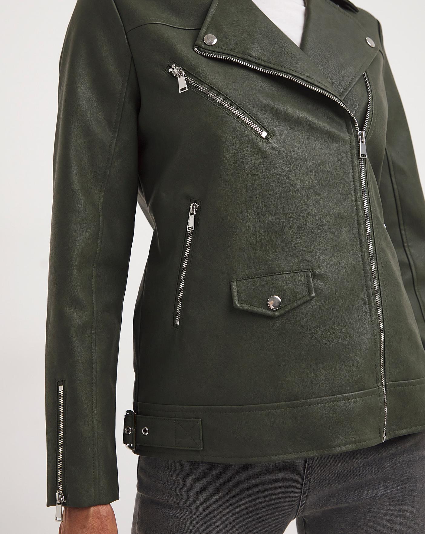 Khaki Longline Faux Leather Biker Jacket