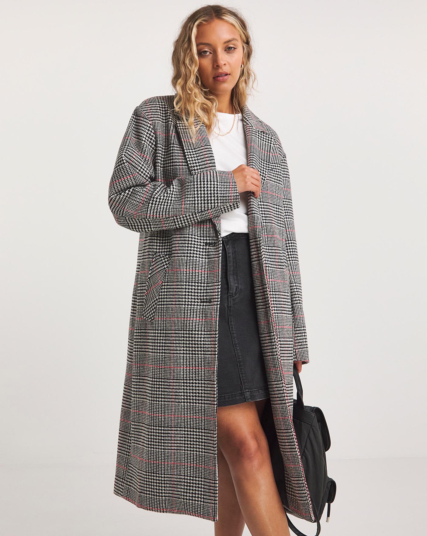 Long grey checkered clearance coat