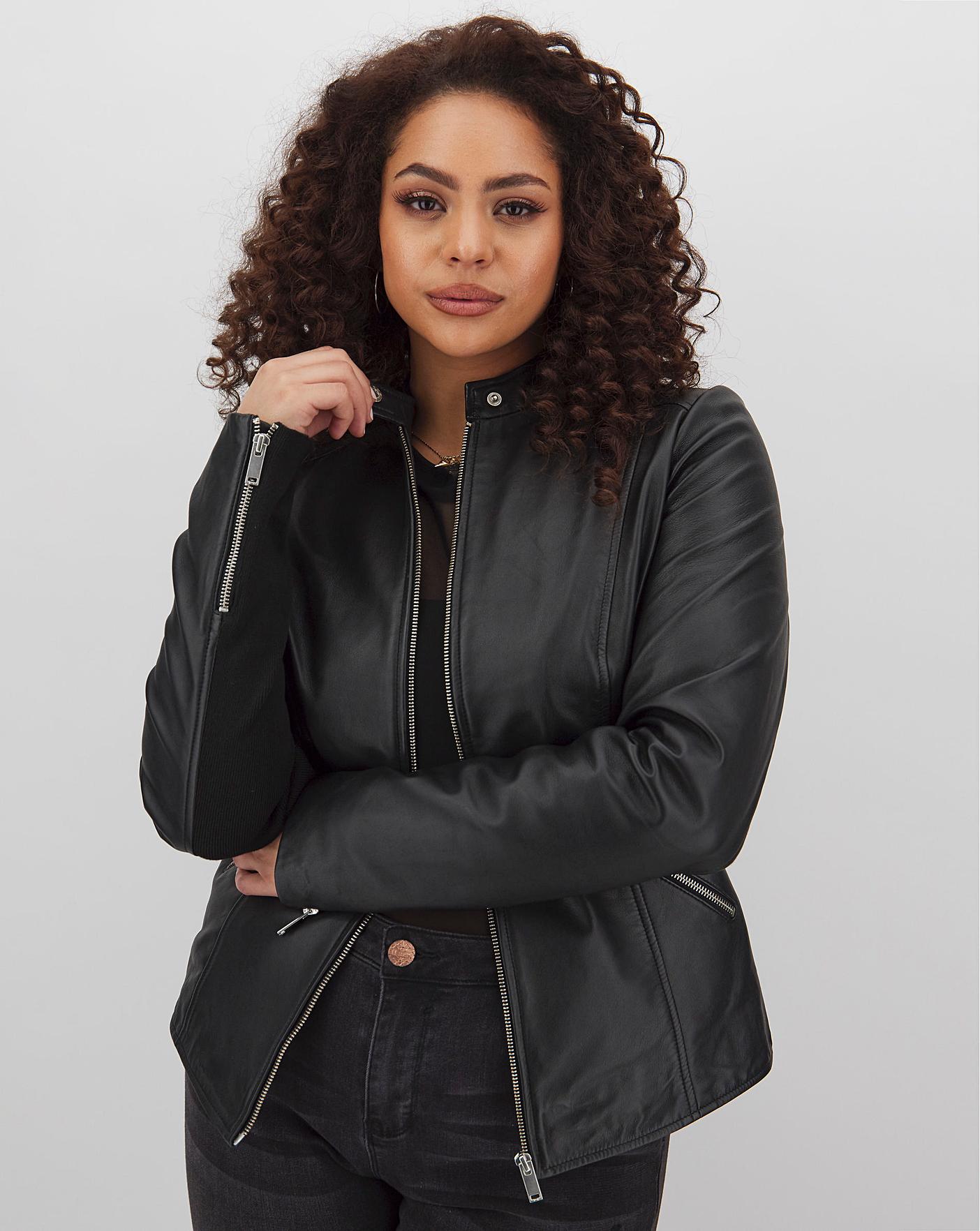 collarless leather look jacket