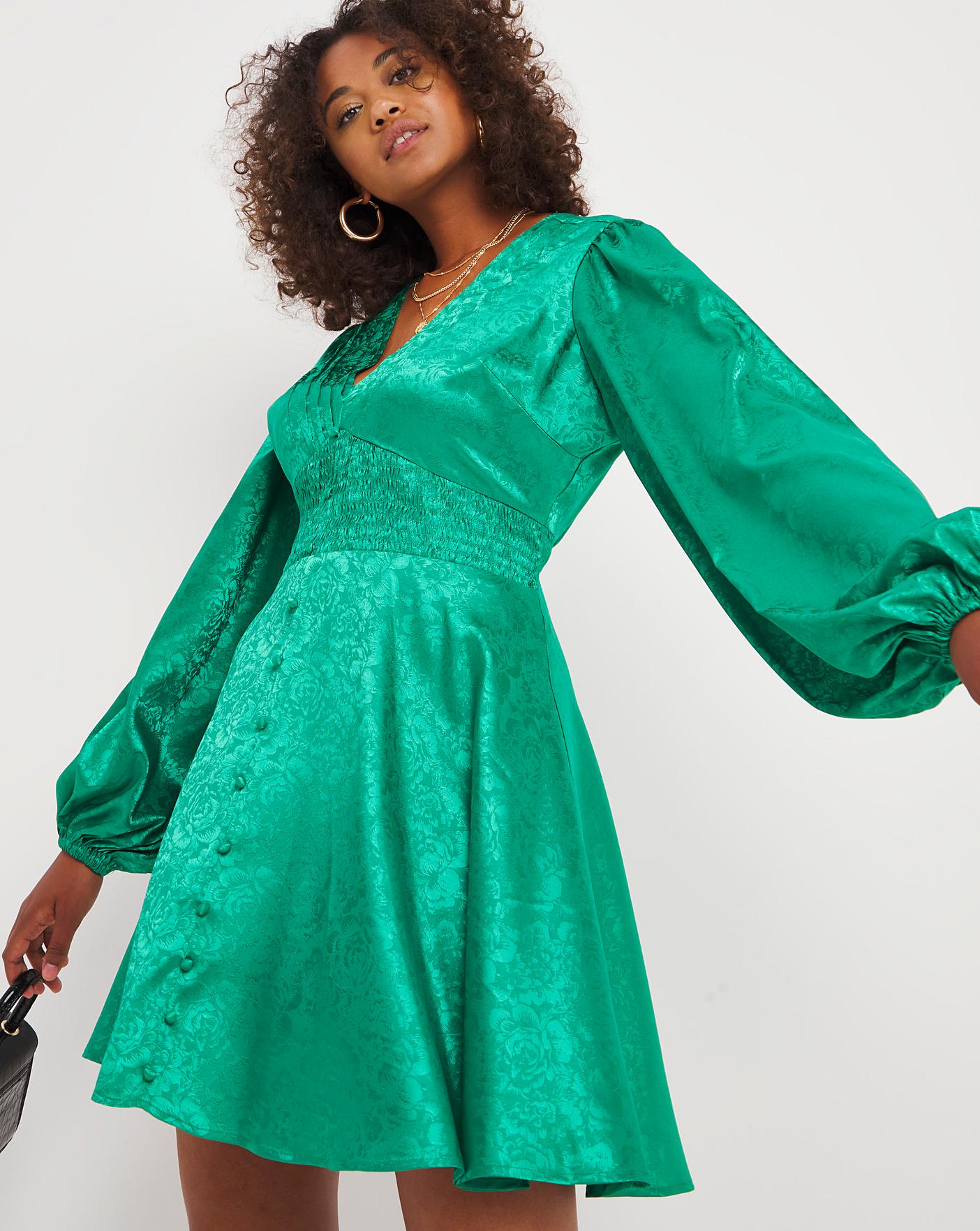 Balloon sleeve mini dress in green jacquard - Isabella Dress