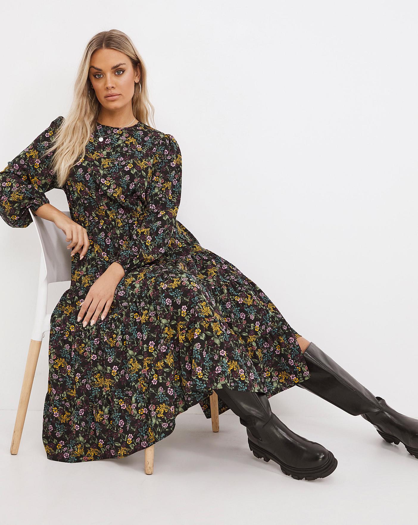 Floral Tiered Long Sleeve Midi Dress 