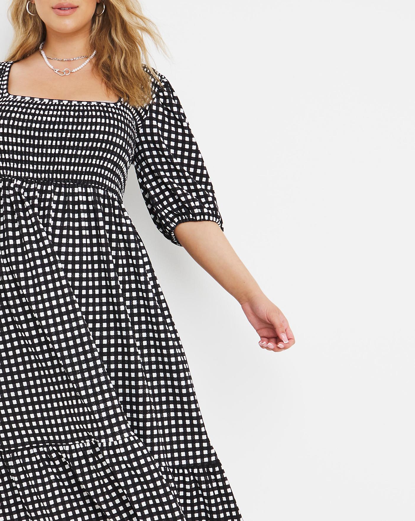 Gingham Shirred Waffle Tiered Midi 
