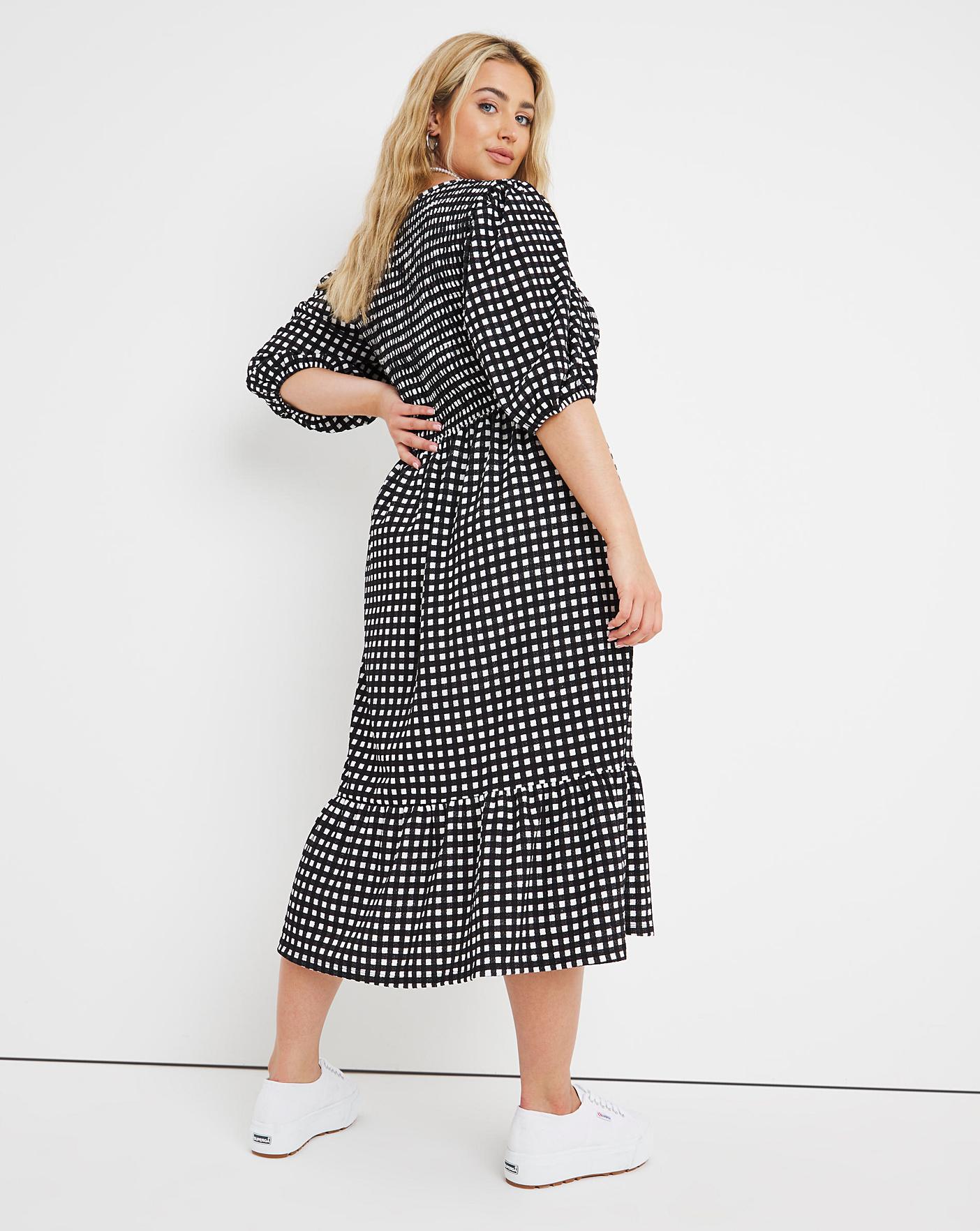Gingham Shirred Waffle Tiered Midi 