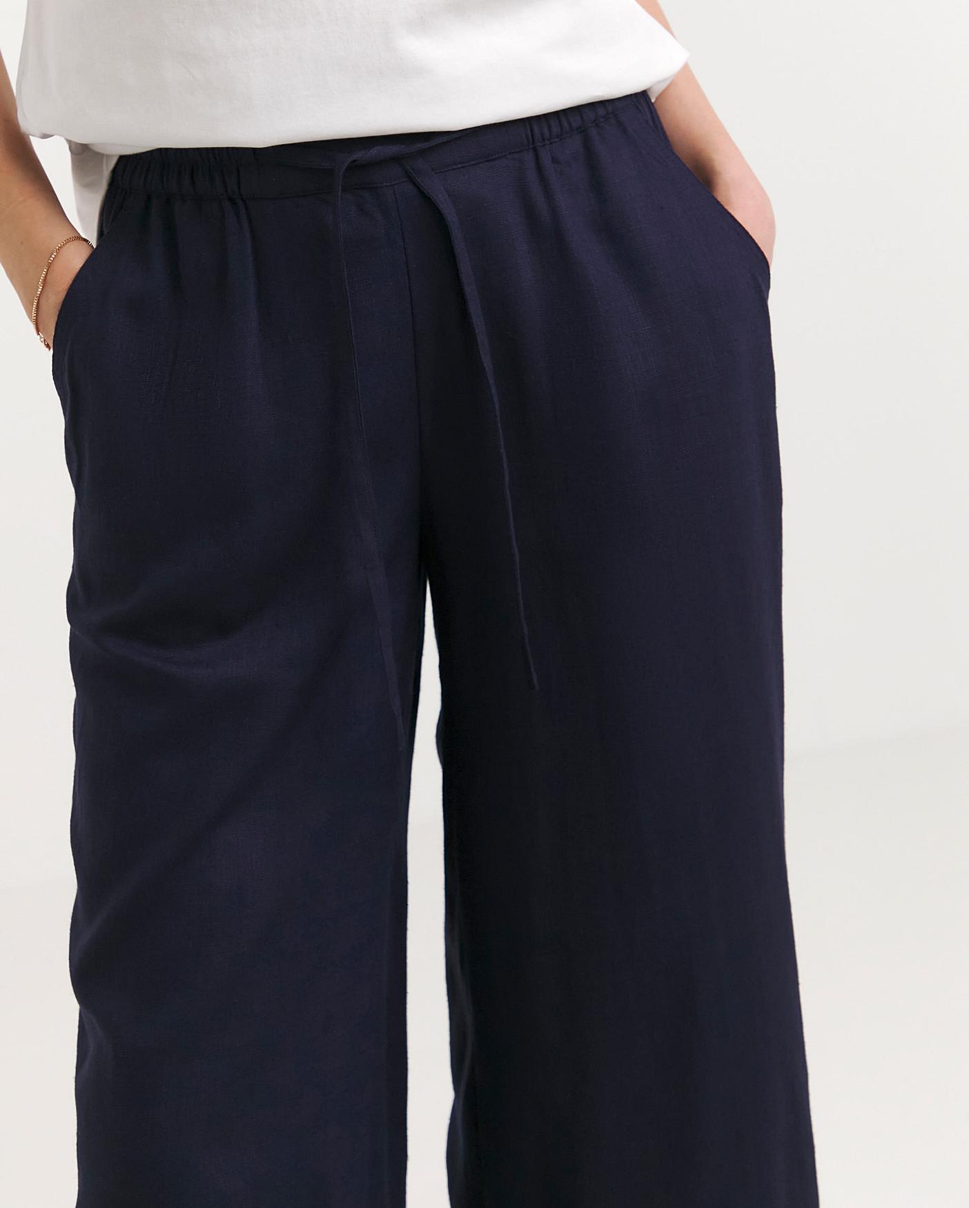 Navy Linen Mix Wide Leg Trousers | J D Williams