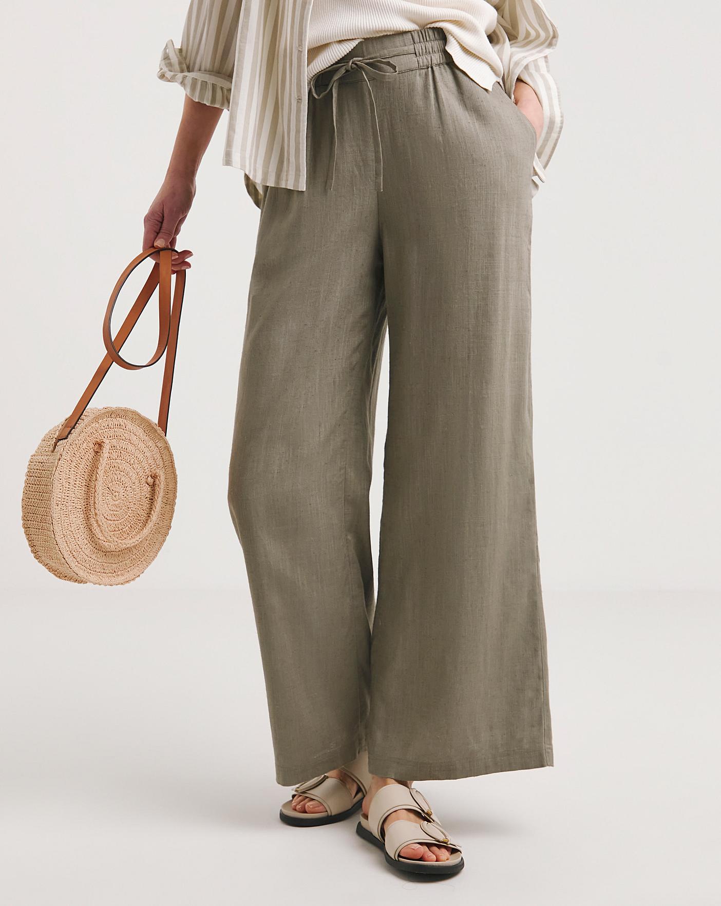 Khaki Linen Mix Wide Leg Trousers 