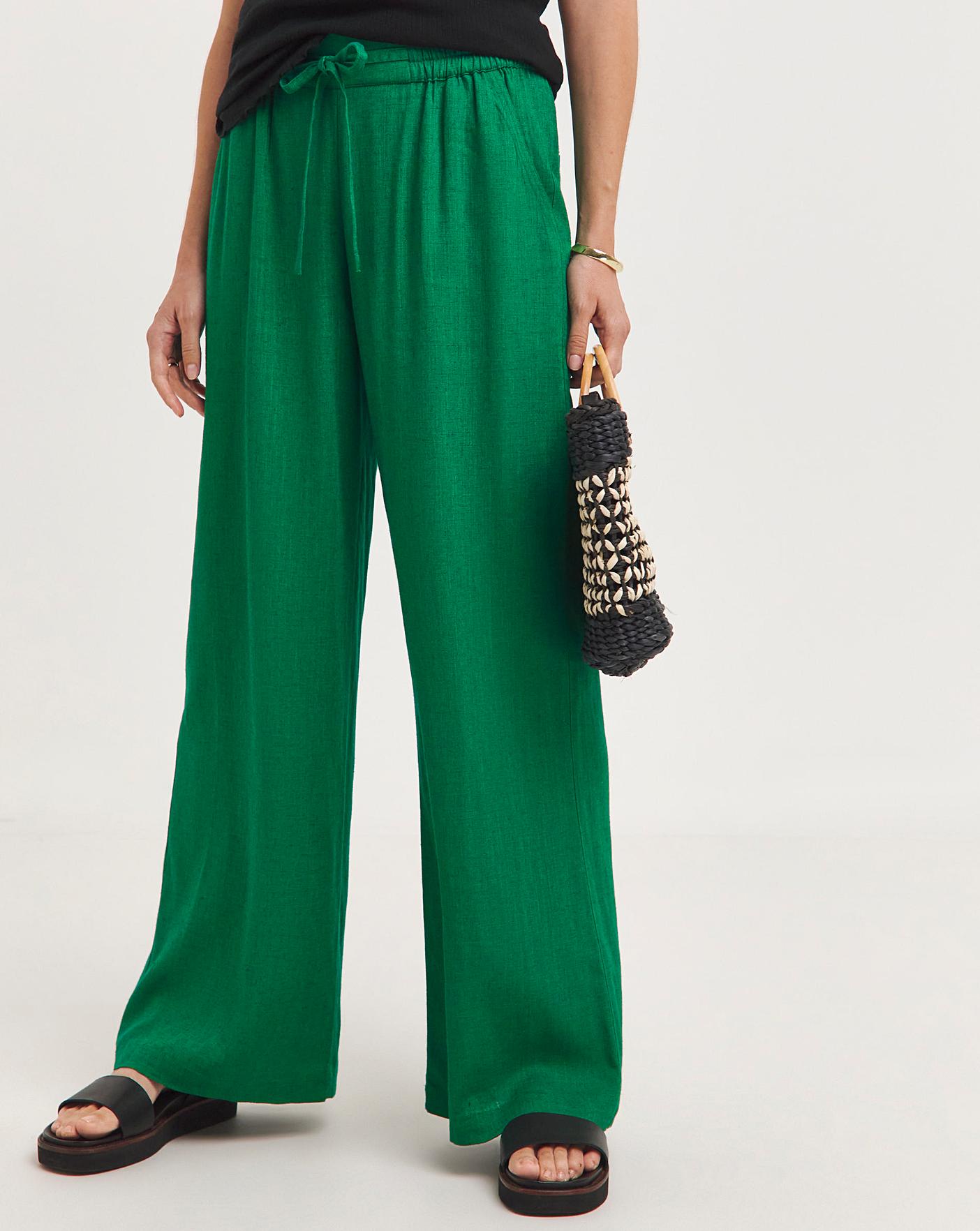 Pine Green Linen Mix Wide Leg Trousers | J D Williams