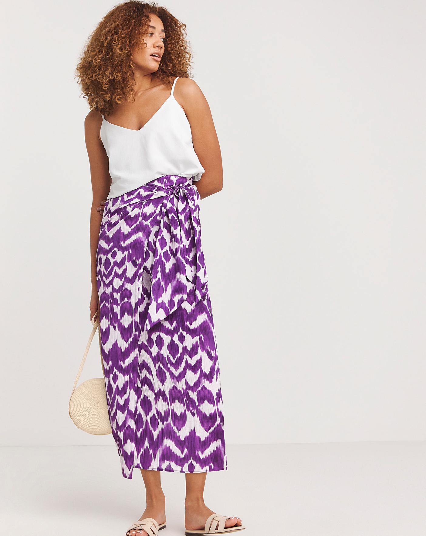 Purple Print Twist Wrap Midi Skirt