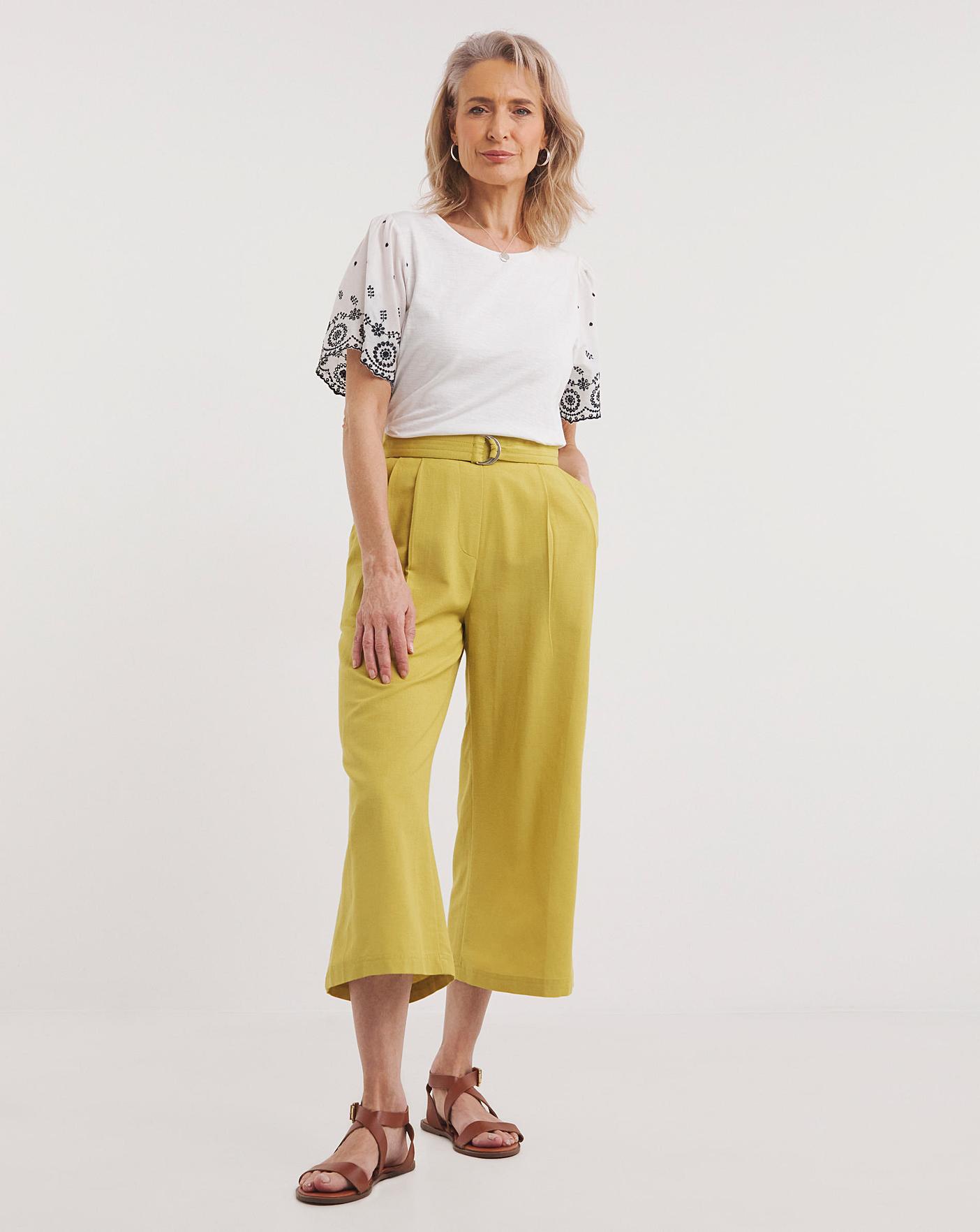 Linen Mix Wide Leg Cropped Trousers