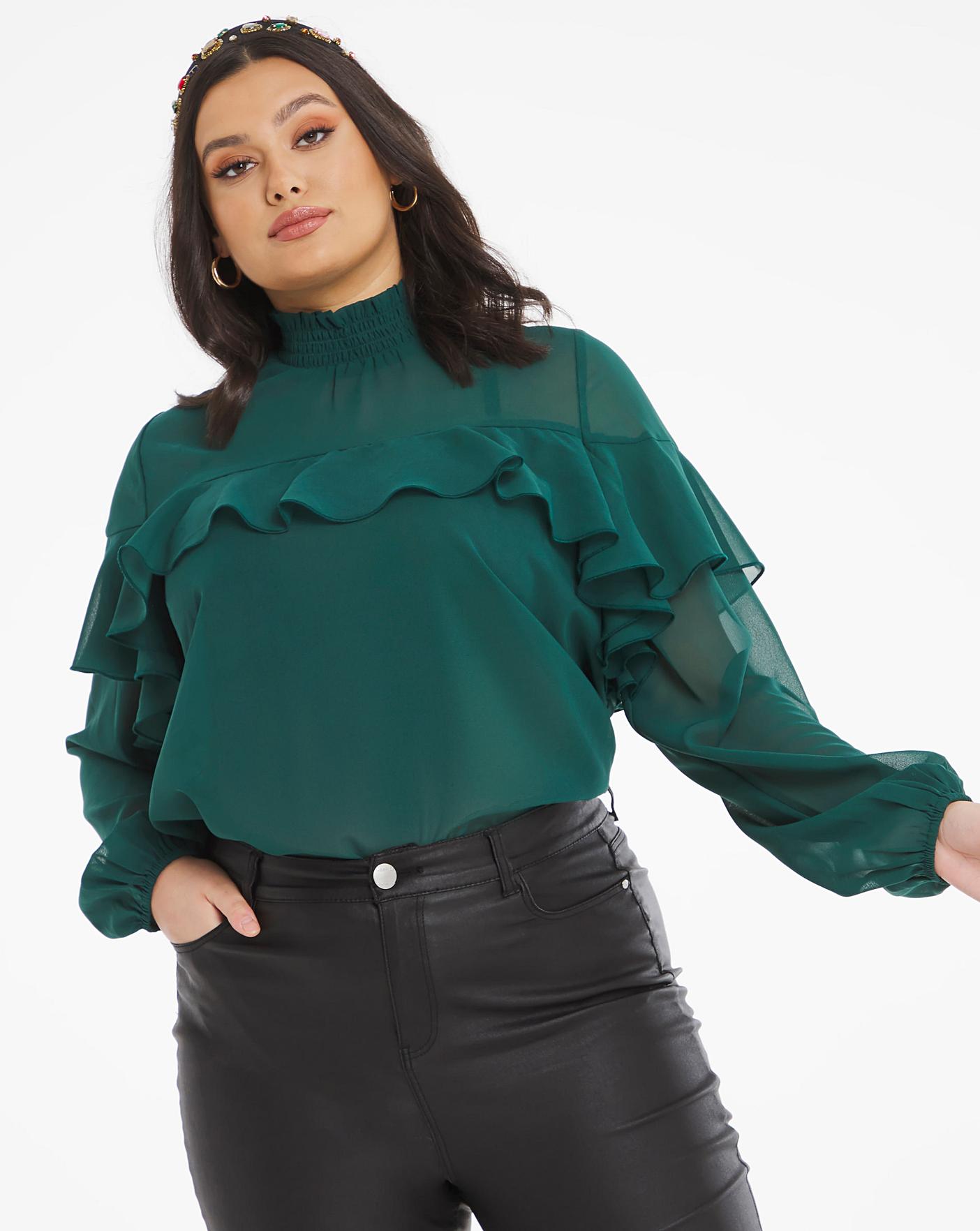 emerald green ruffle blouse