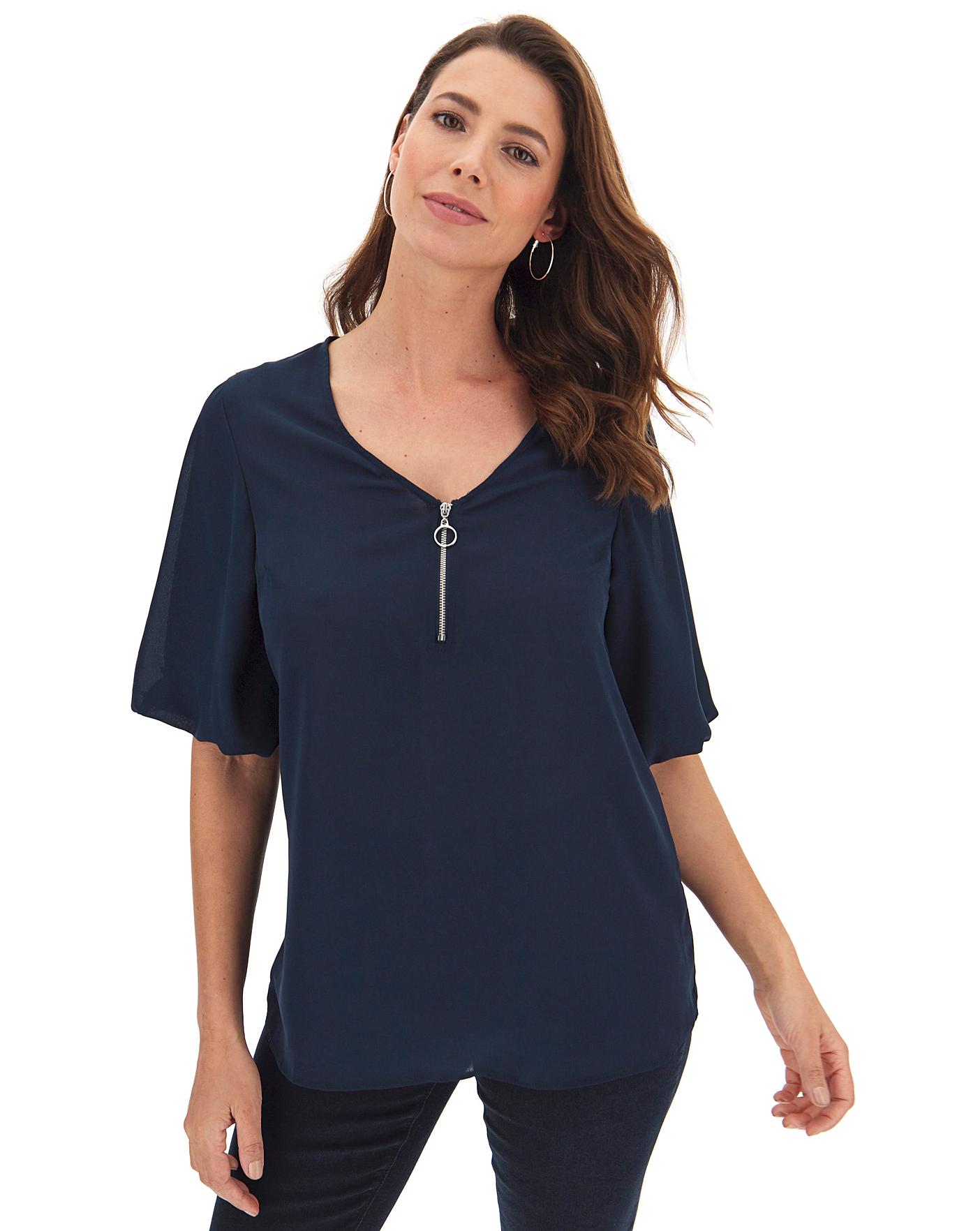 Navy Puff Sleeve Zip Front Blouse | J D Williams
