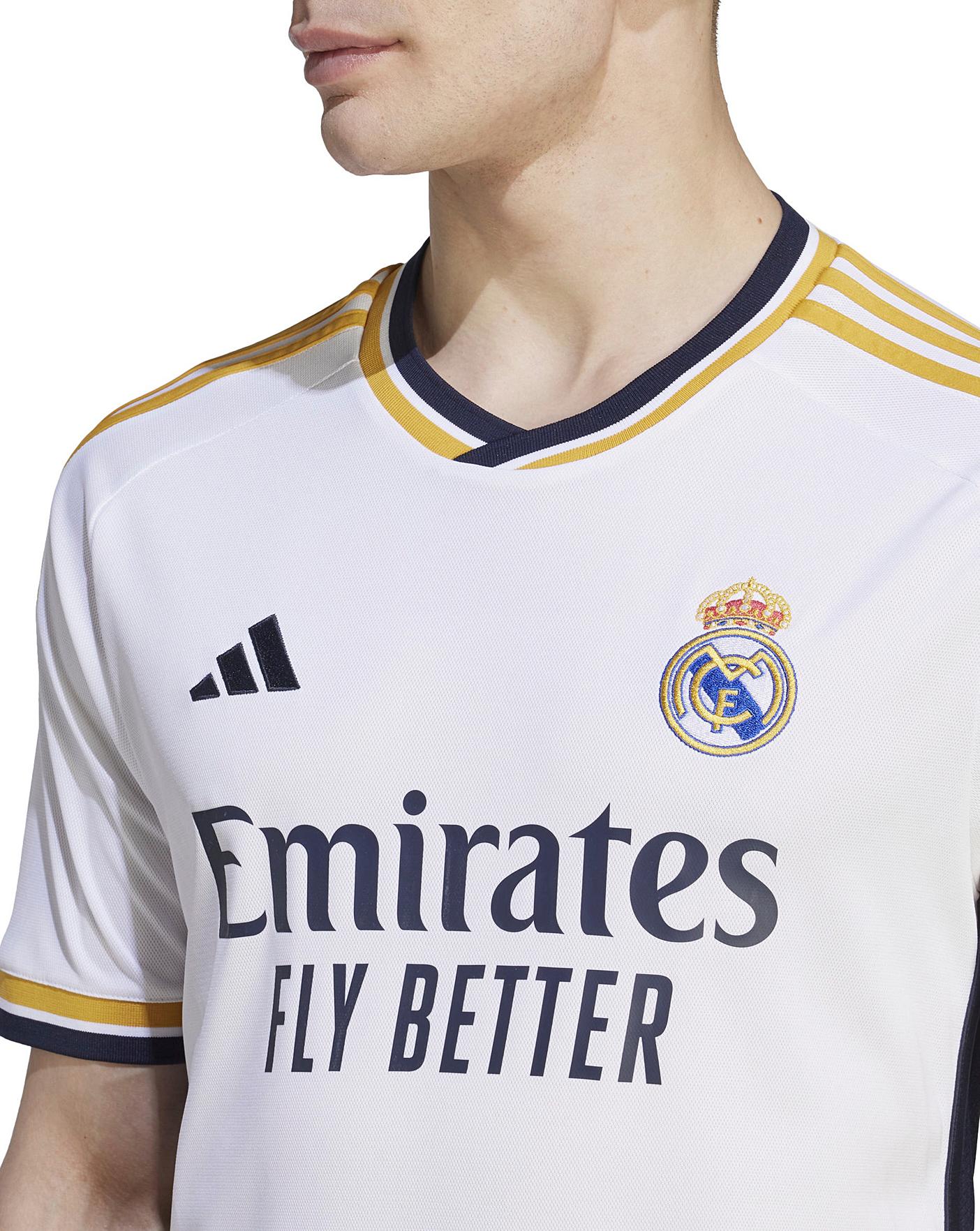  adidas Men's Real Madrid 23/24 Home Jersey - A Sleek and  Lightweight Jersey with Gold Accents and Legendary Soccer History : Sports  