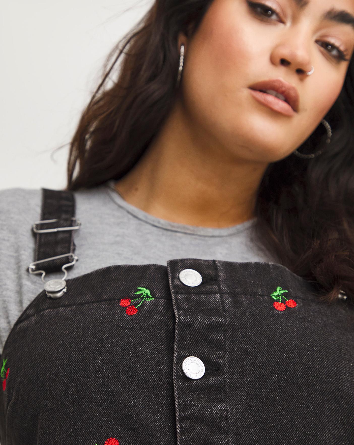 Embroidered Cherry Dungaree Dress Fashion World