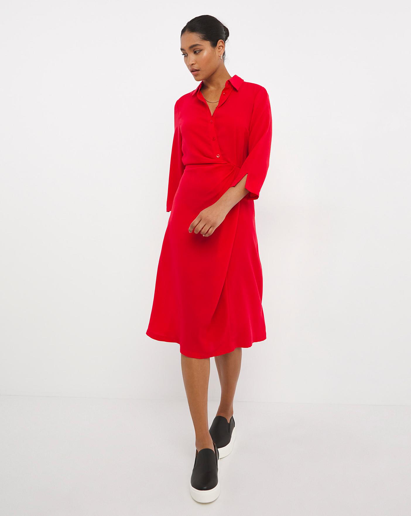 Red Gathered Shirt Dress