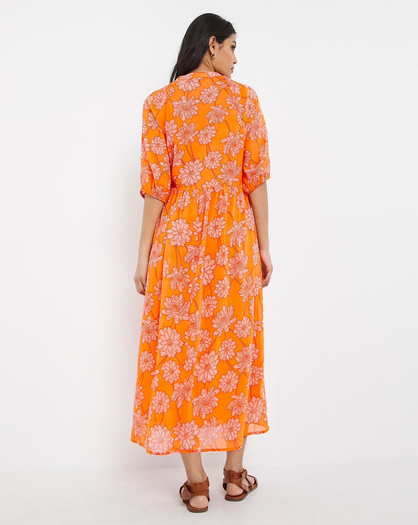 Linka Puff Sleeve Waist Tie Dress Floral Orange