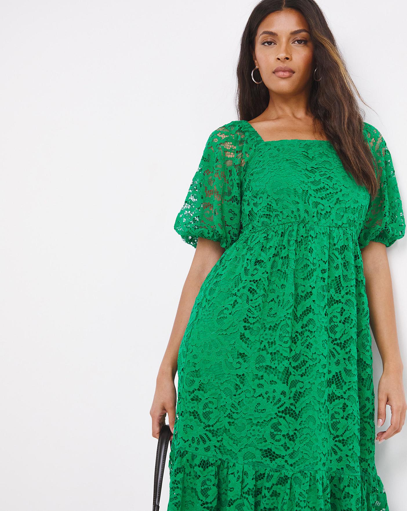 Green Square Neck Puff Sleeve Lace Dress | Oxendales
