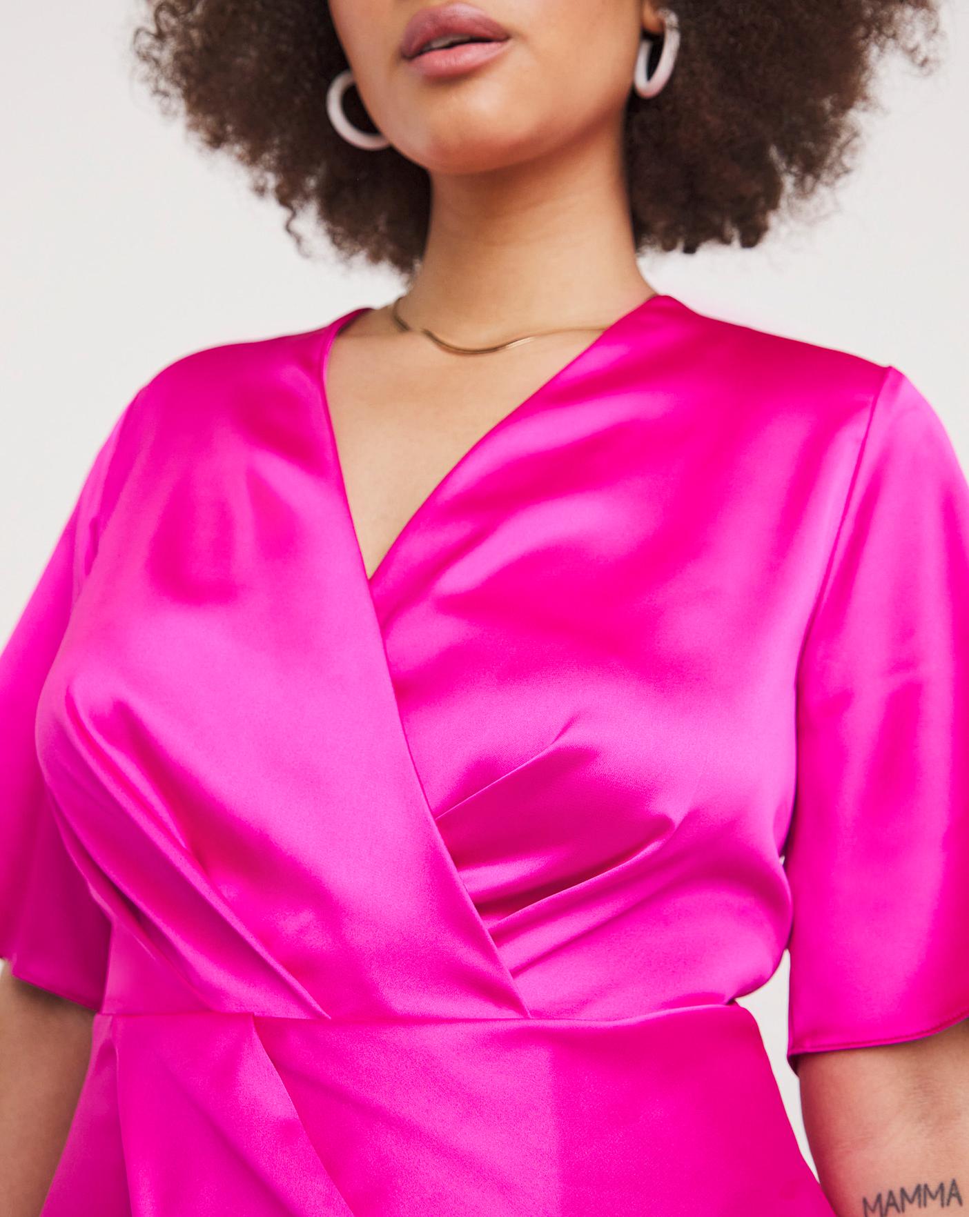 Pink Satin Wrap Front Dress Fashion World