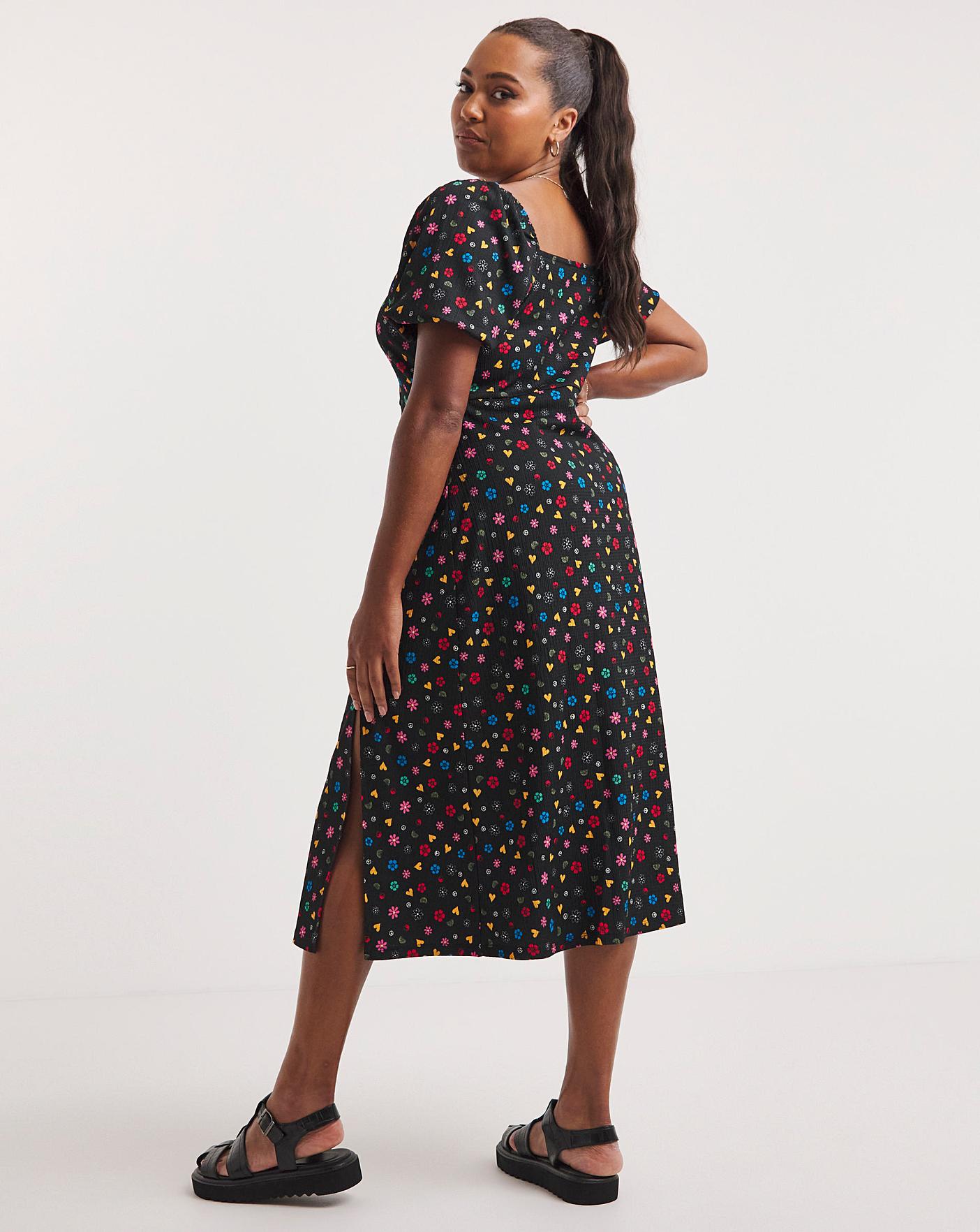 Black Print Waffle Midi Dress | Simply Be