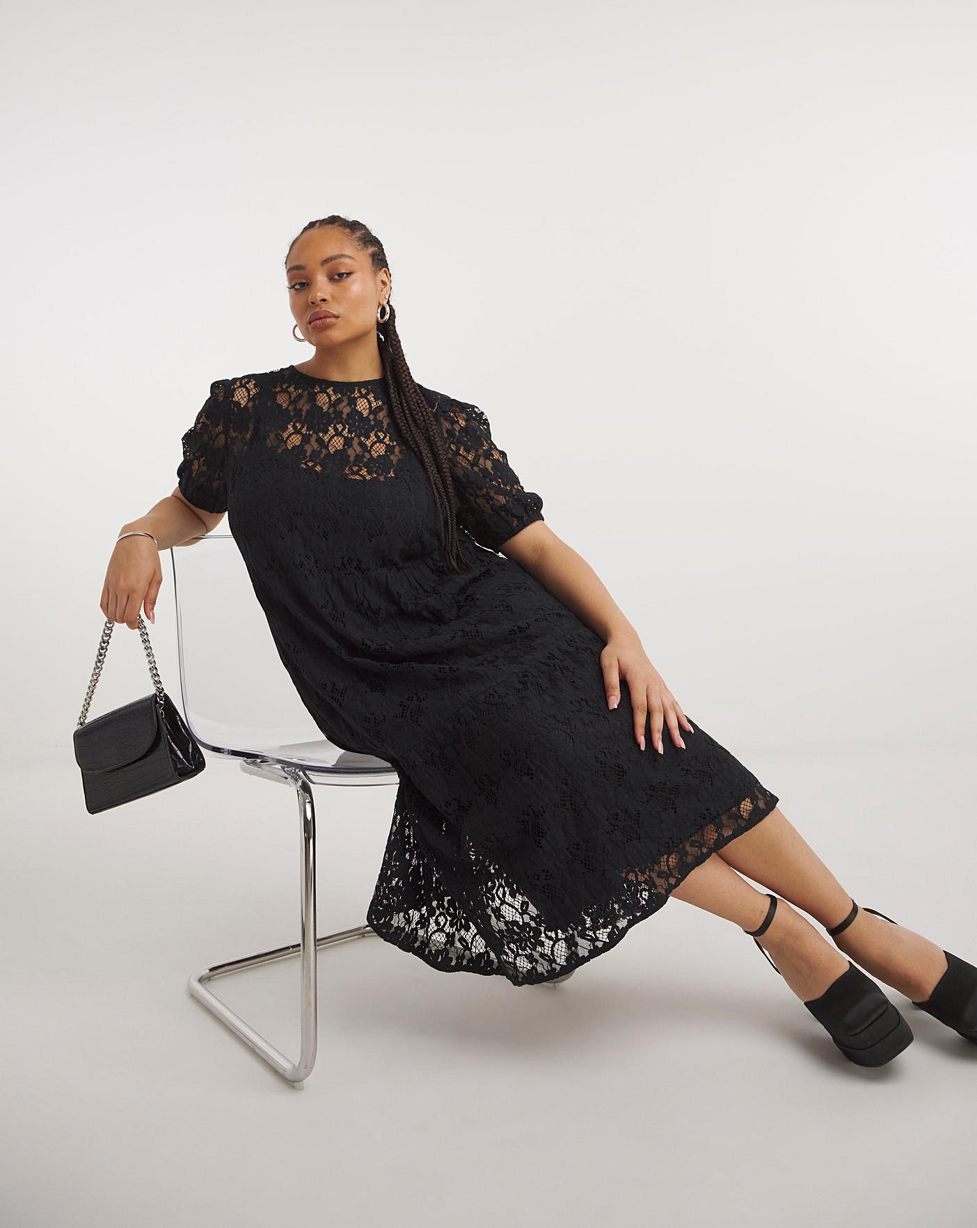 Black Lace Tiered Midi Dress Fashion World