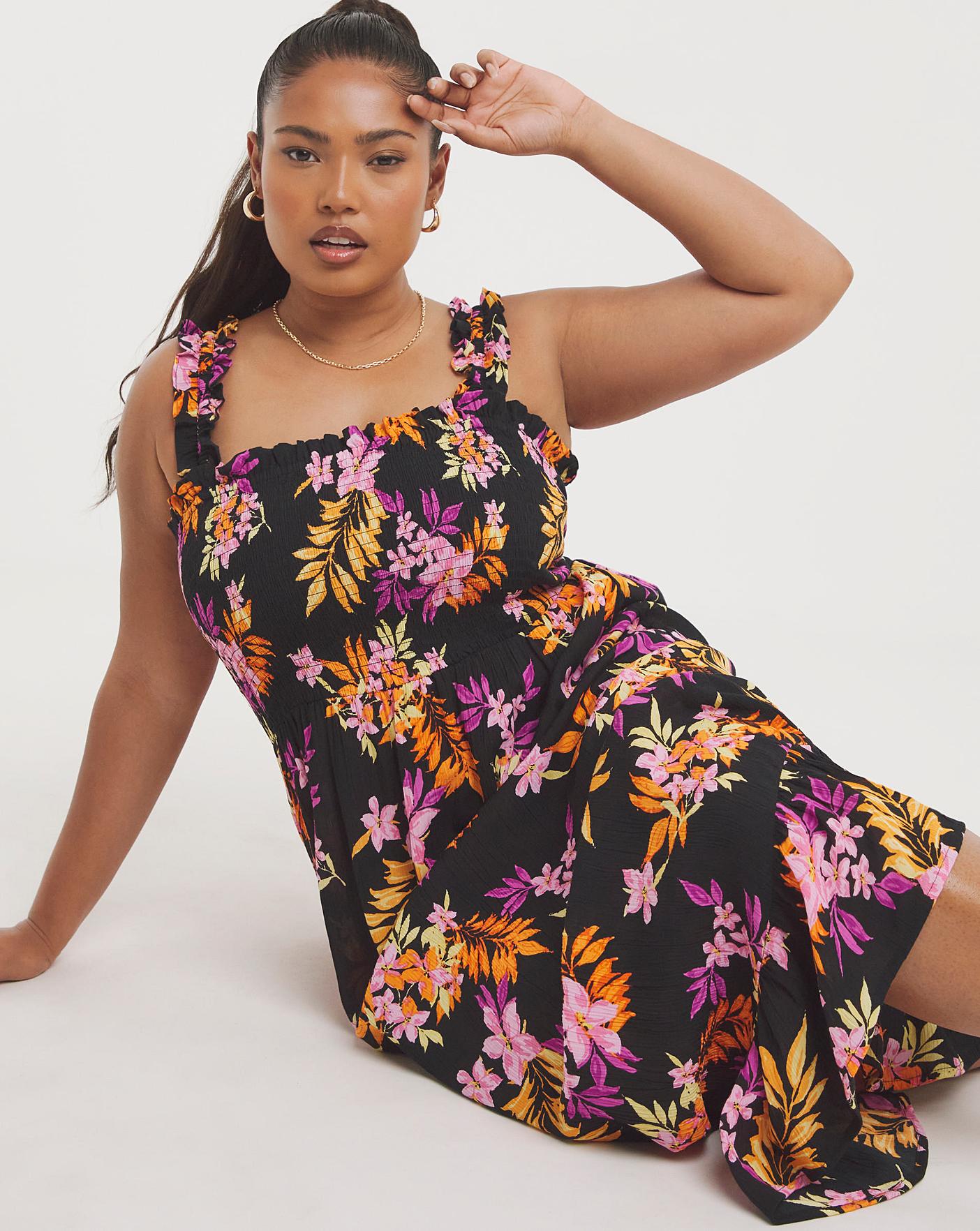 Tropical Print Shirred Midi Dress | Simply Be