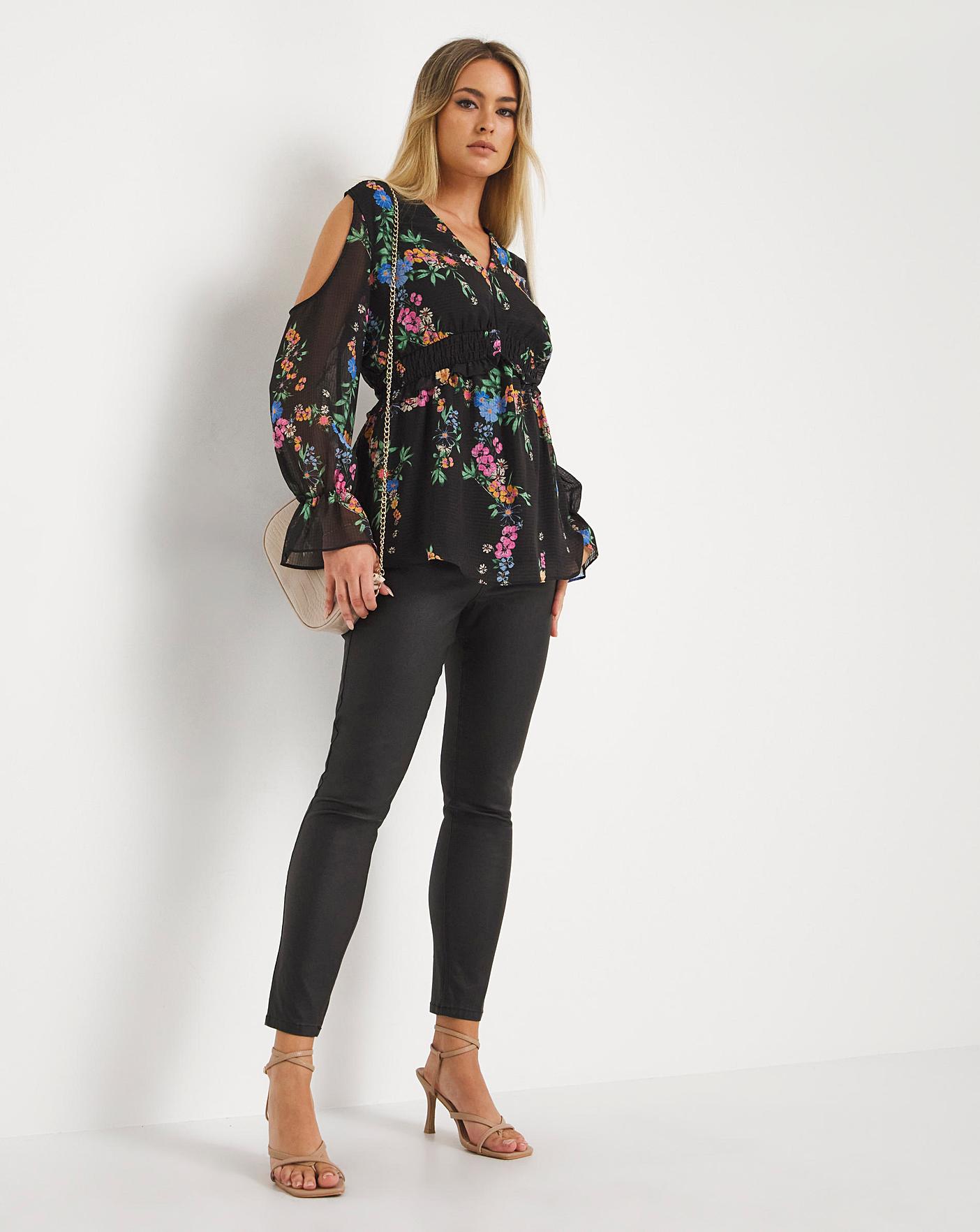 Black floral cheap cold shoulder top