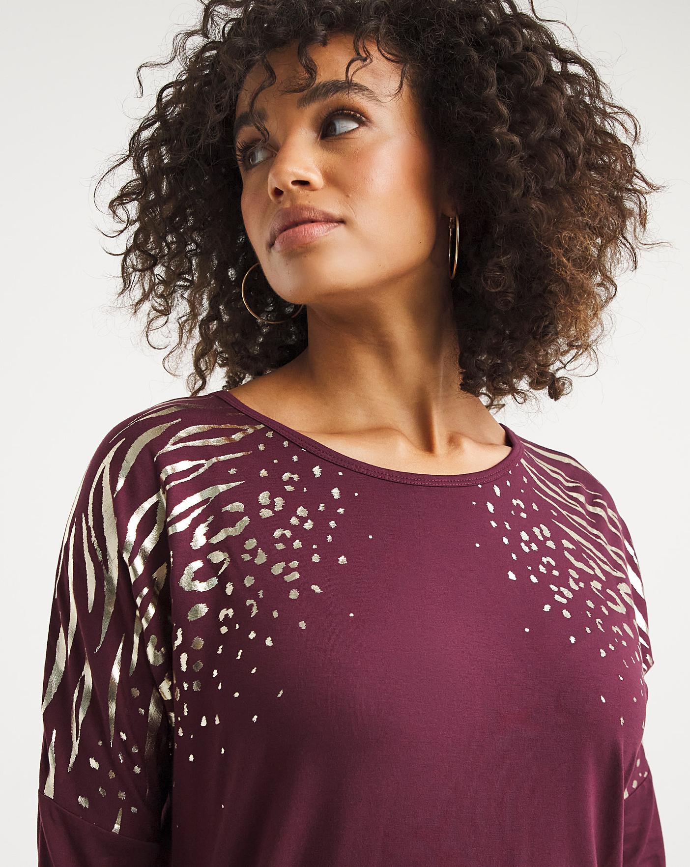 Burgundy Animal Foil Dolman Sleeve Top J D Williams